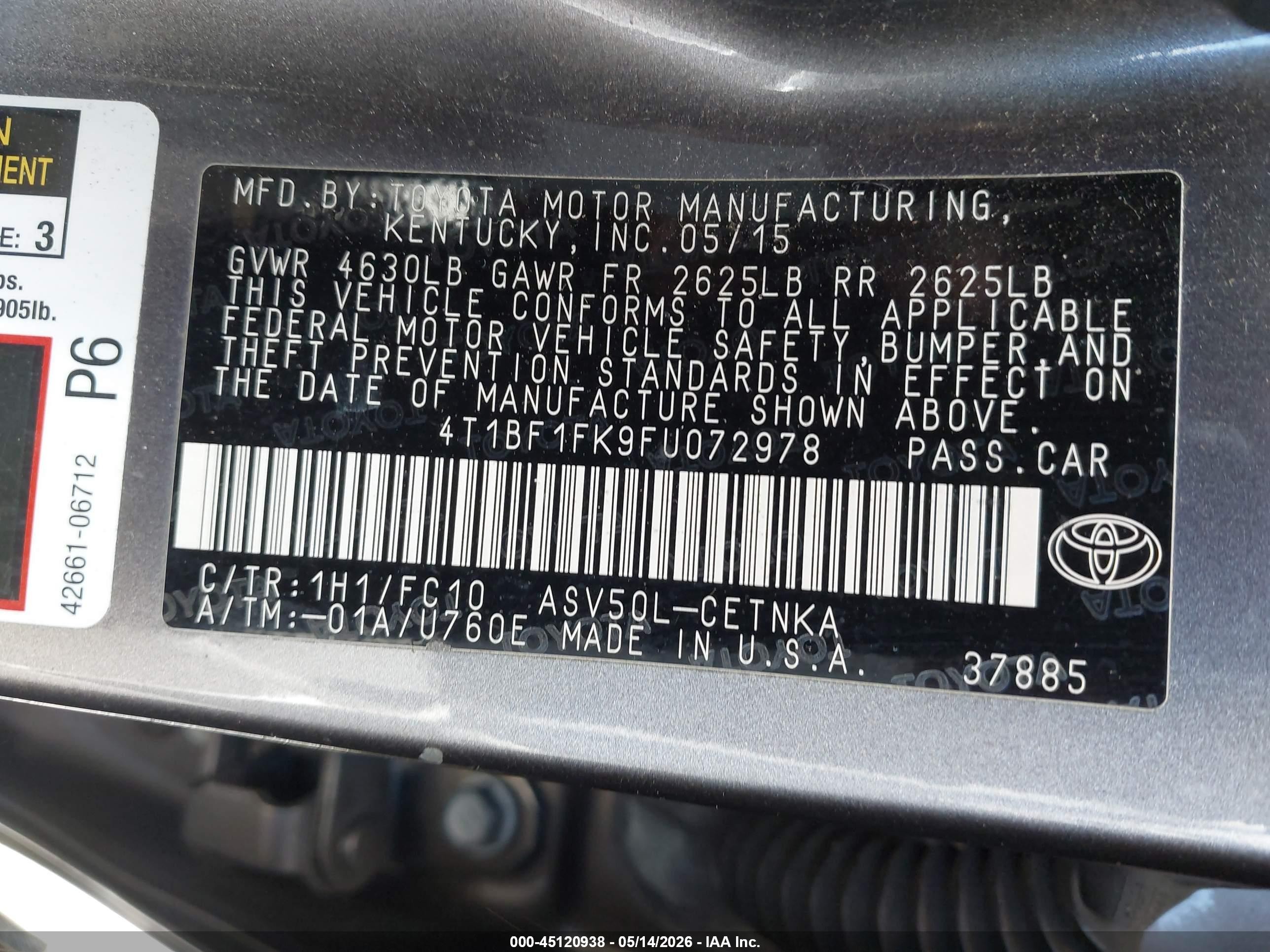 2015 Toyota Camry Le Gray vin: 4T1BF1FK9FU072978