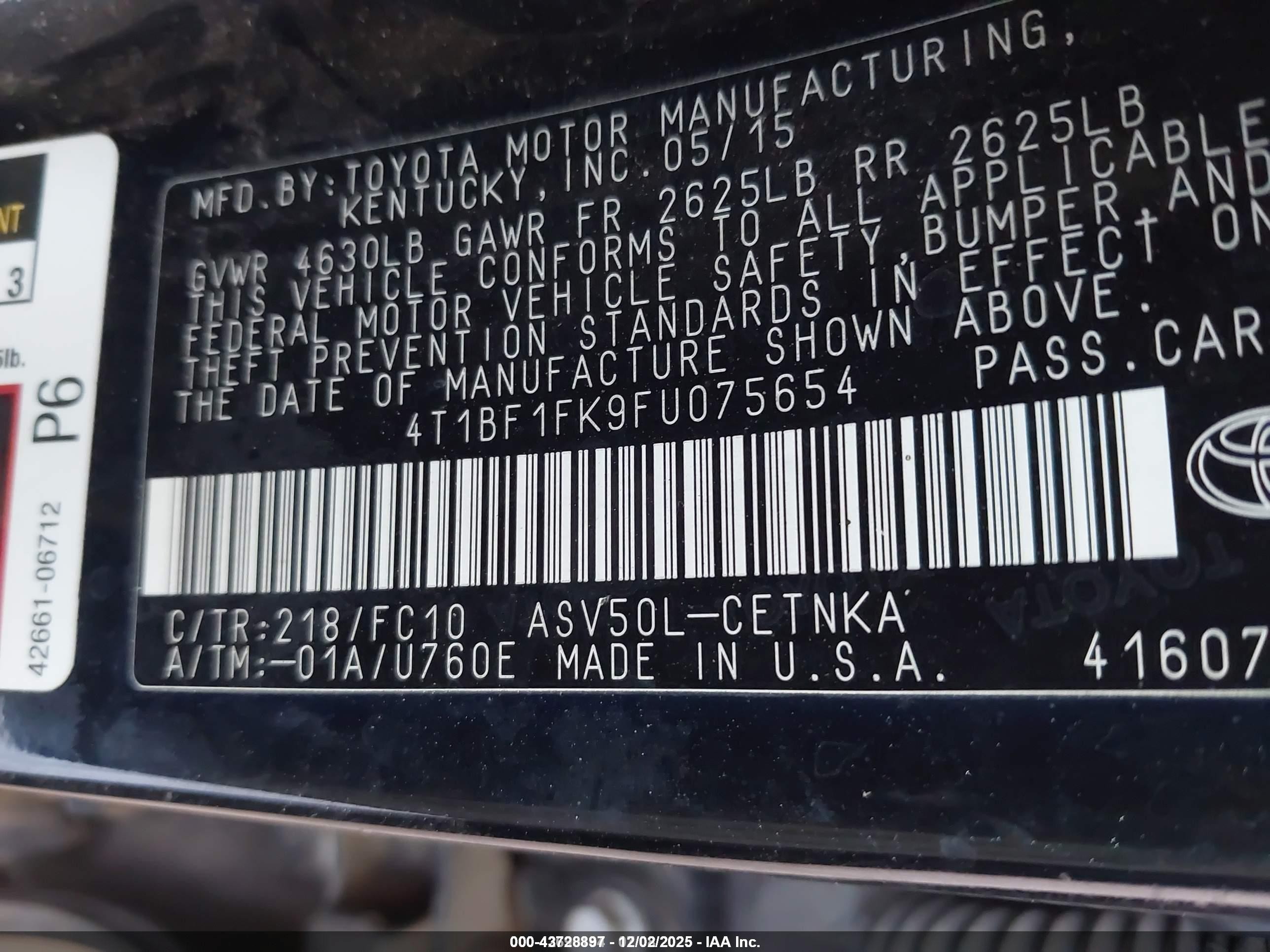 2015 Toyota Camry Le Black vin: 4T1BF1FK9FU075654