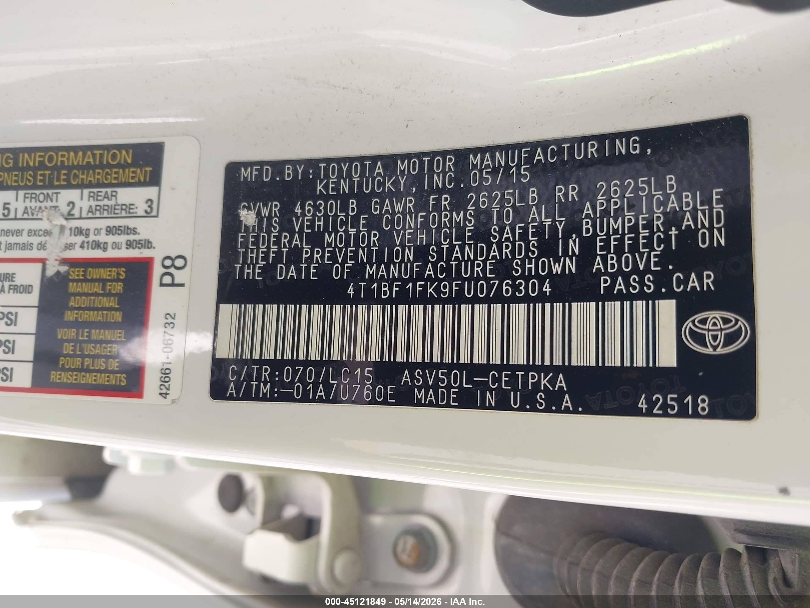 2015 Toyota Camry Xse Белый vin: 4T1BF1FK9FU076304
