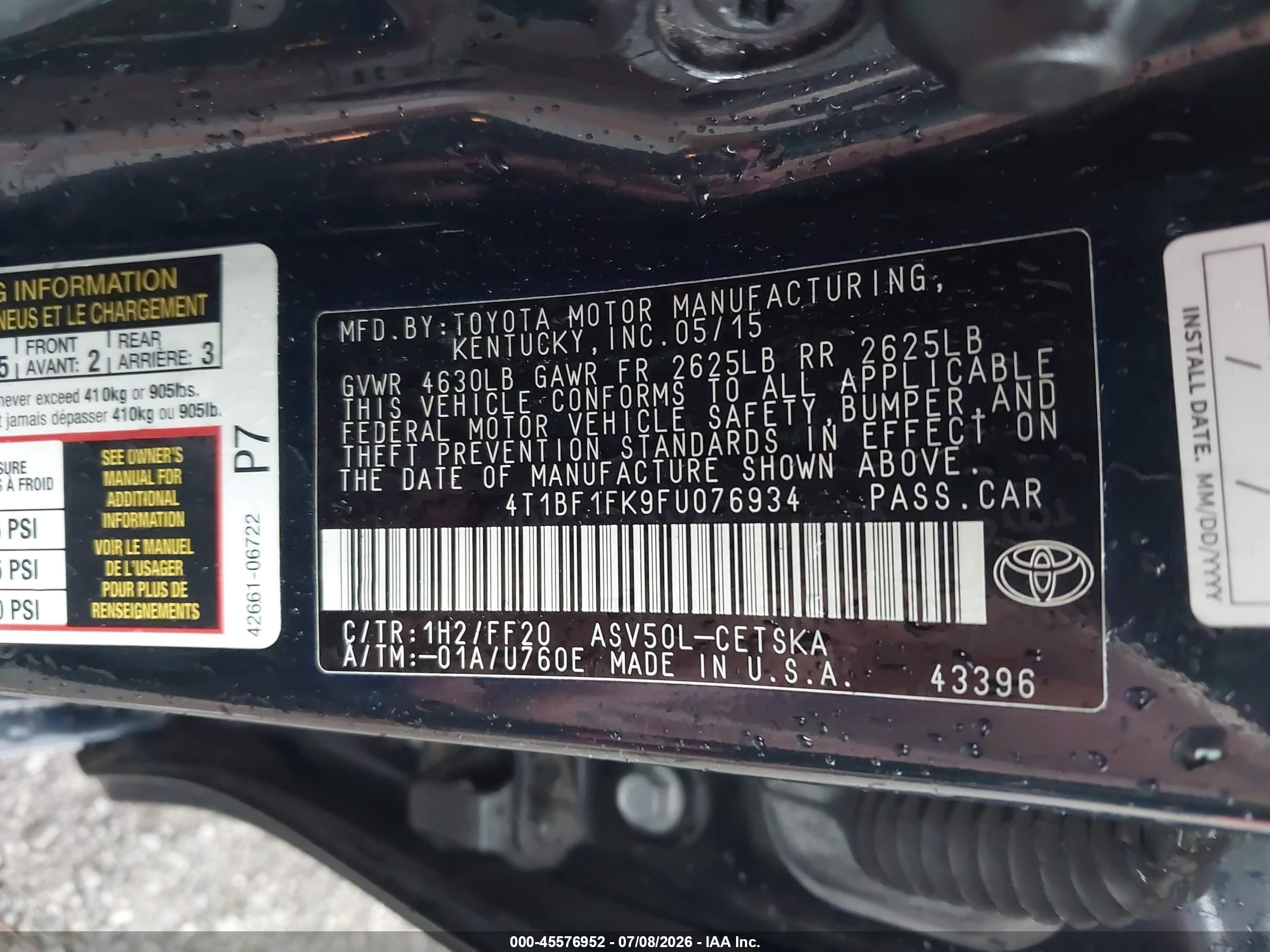 2015 Toyota Camry Se Black vin: 4T1BF1FK9FU076934