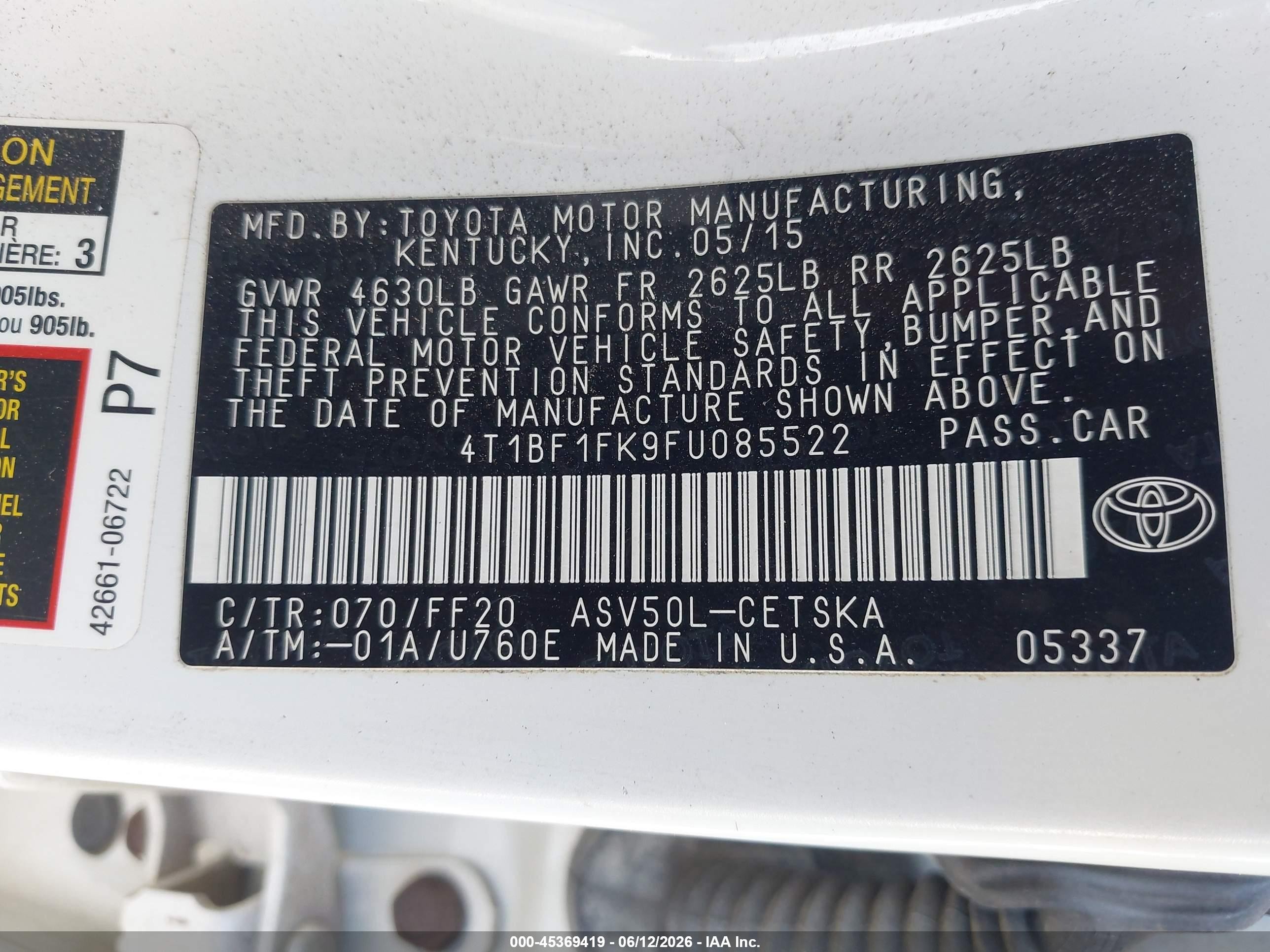 2015 Toyota Camry Se White vin: 4T1BF1FK9FU085522