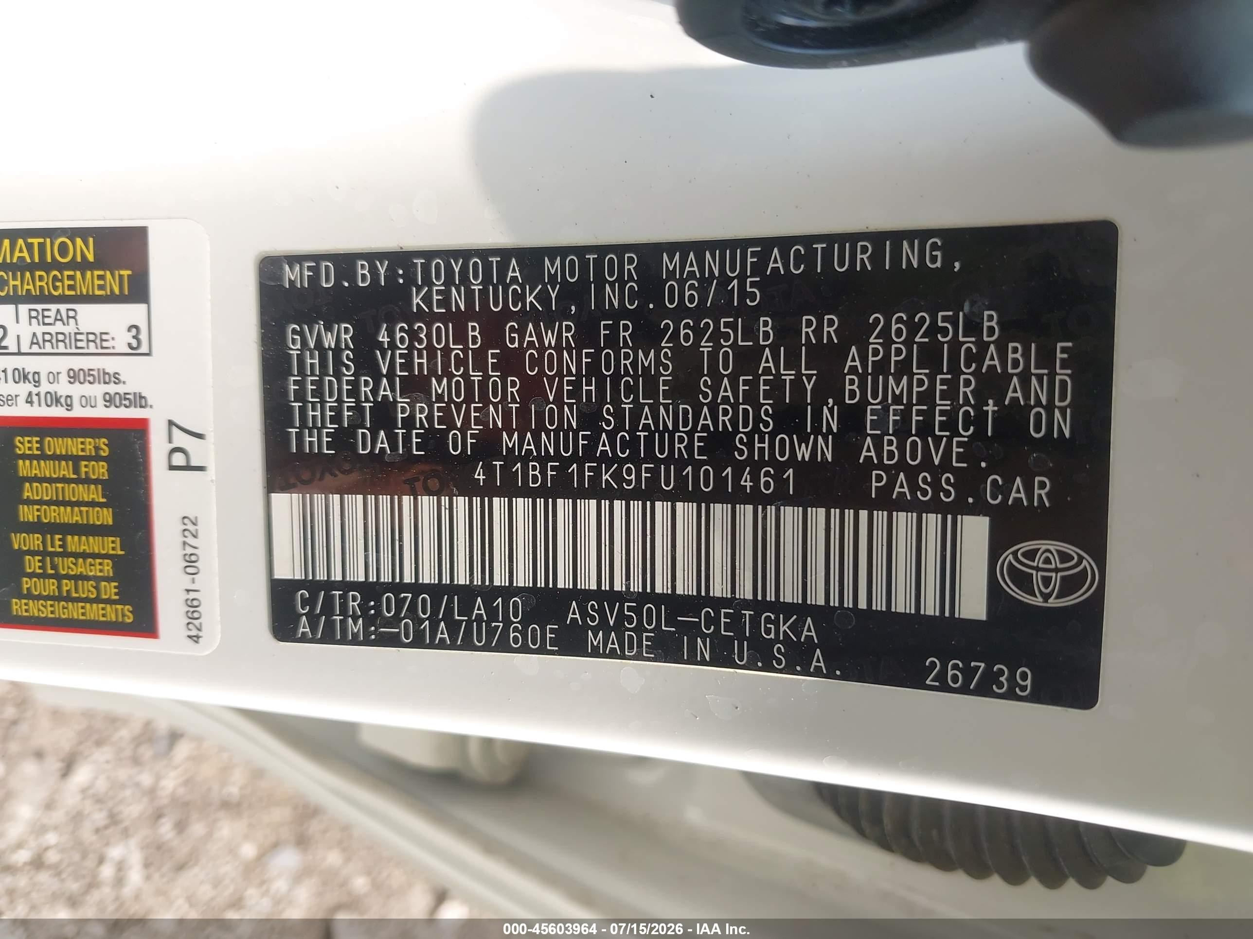 2015 Toyota Camry Xle White vin: 4T1BF1FK9FU101461