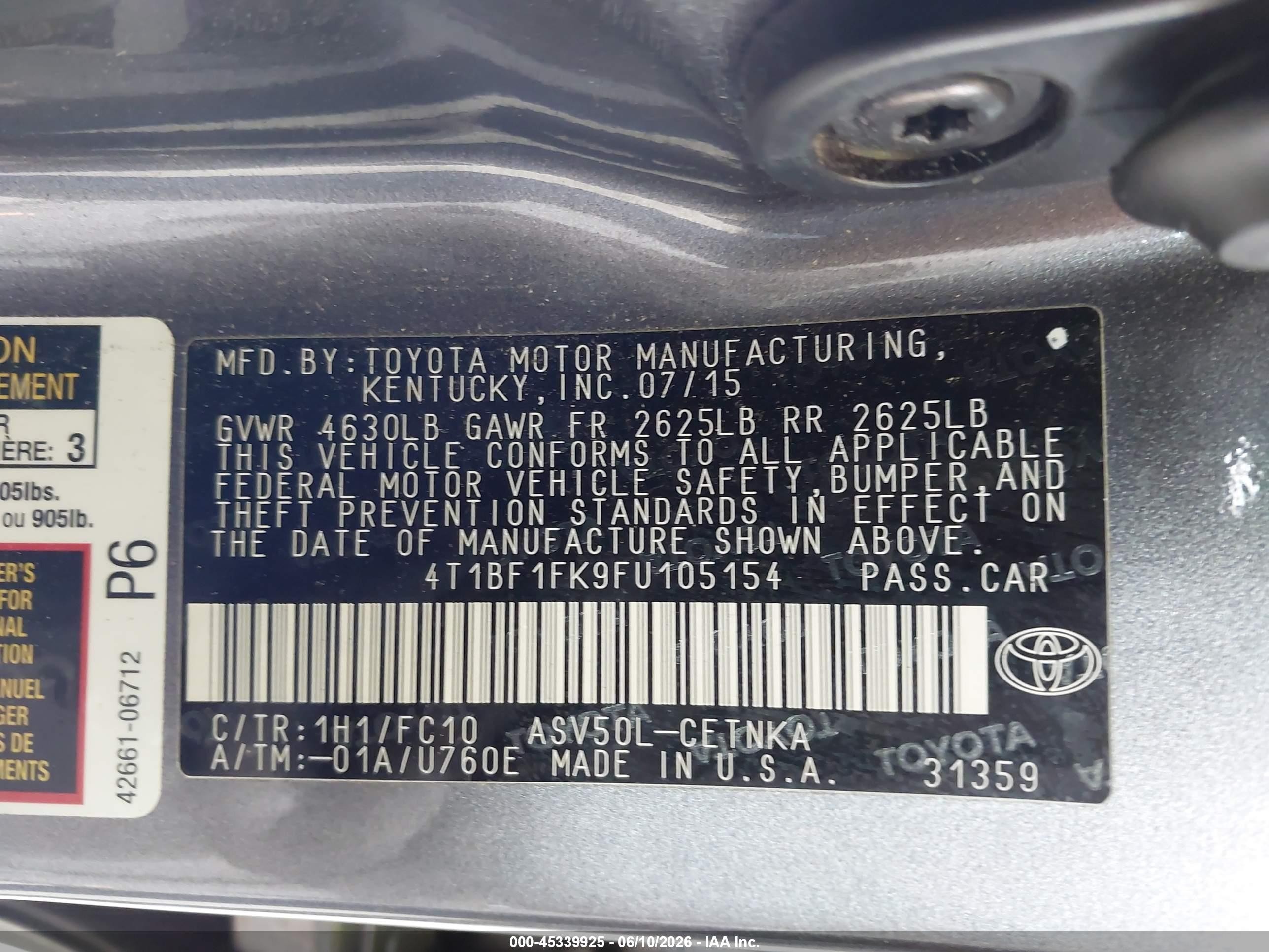 2015 Toyota Camry Le Серый vin: 4T1BF1FK9FU105154