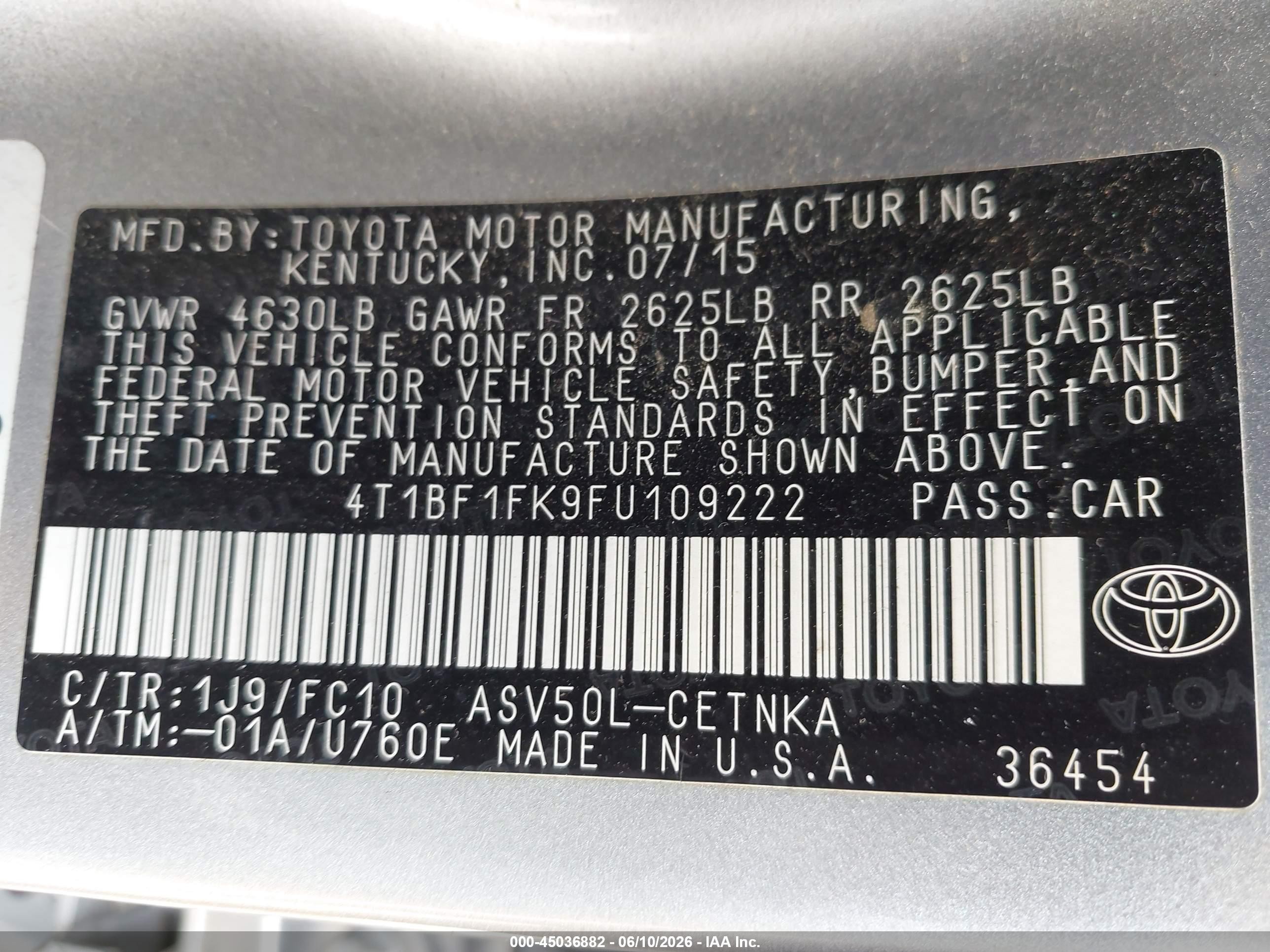 2015 Toyota Camry Le Silver vin: 4T1BF1FK9FU109222