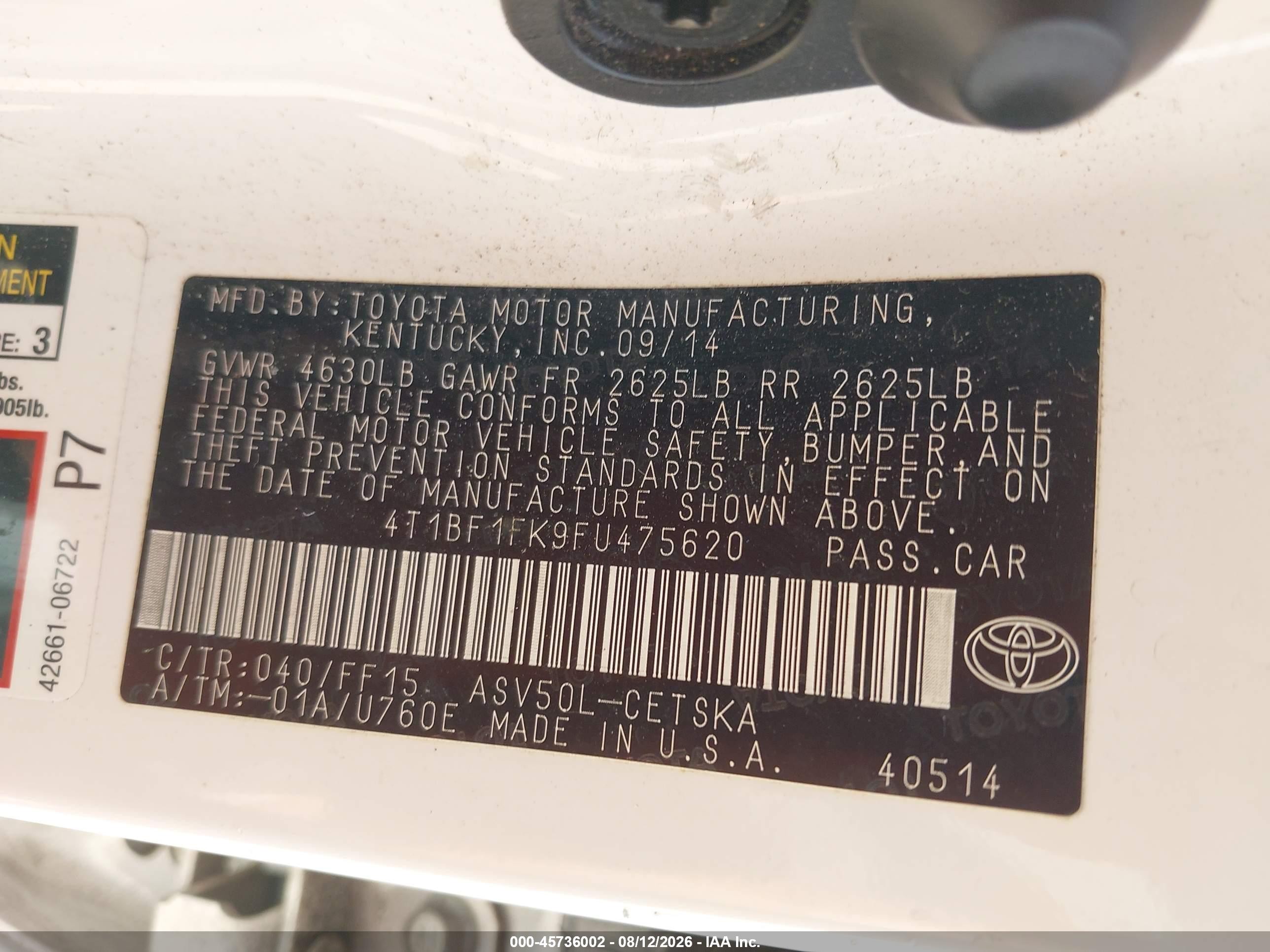 2015 Toyota Camry Se White vin: 4T1BF1FK9FU475620
