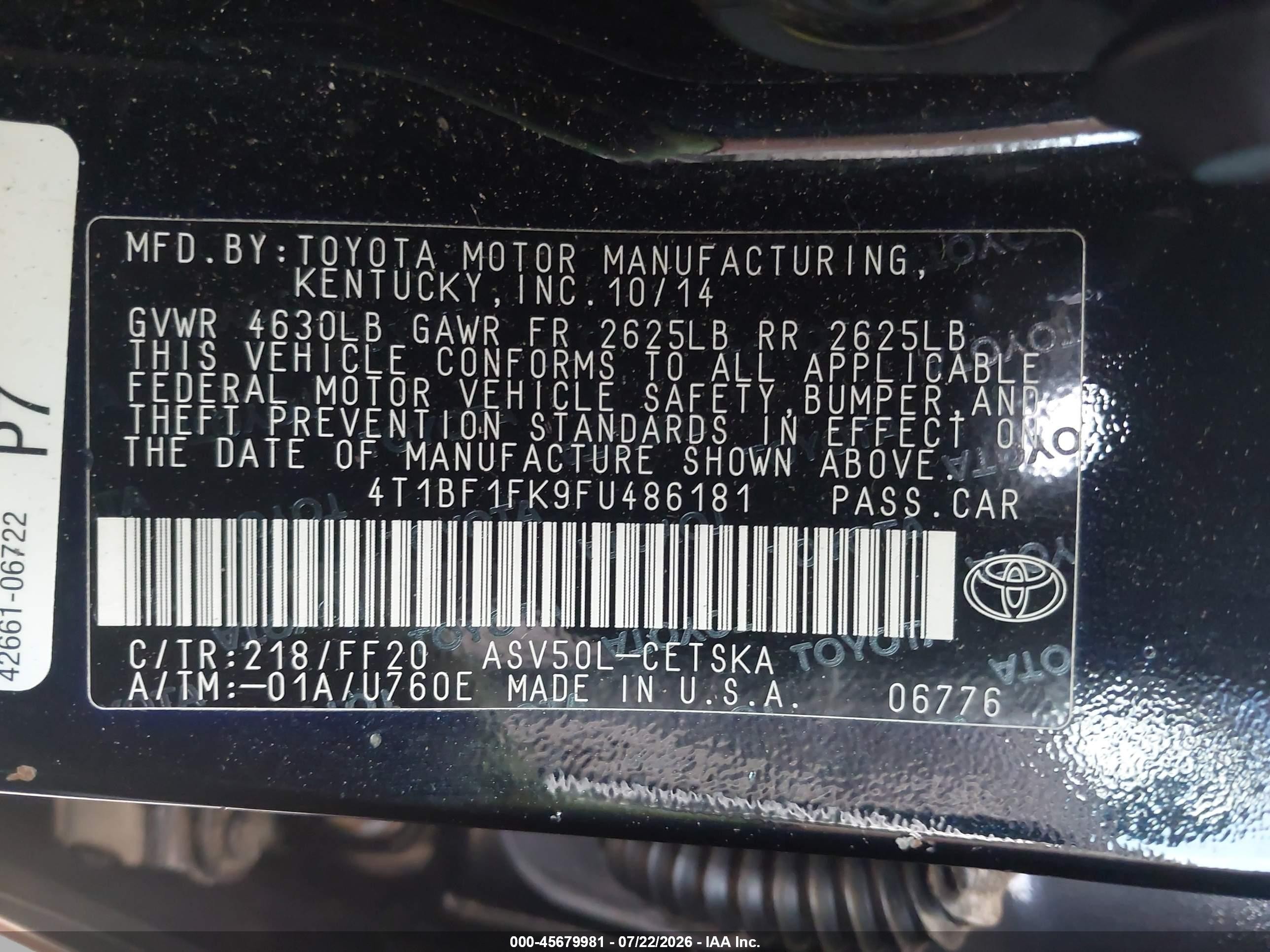 2015 Toyota Camry Se Black vin: 4T1BF1FK9FU486181