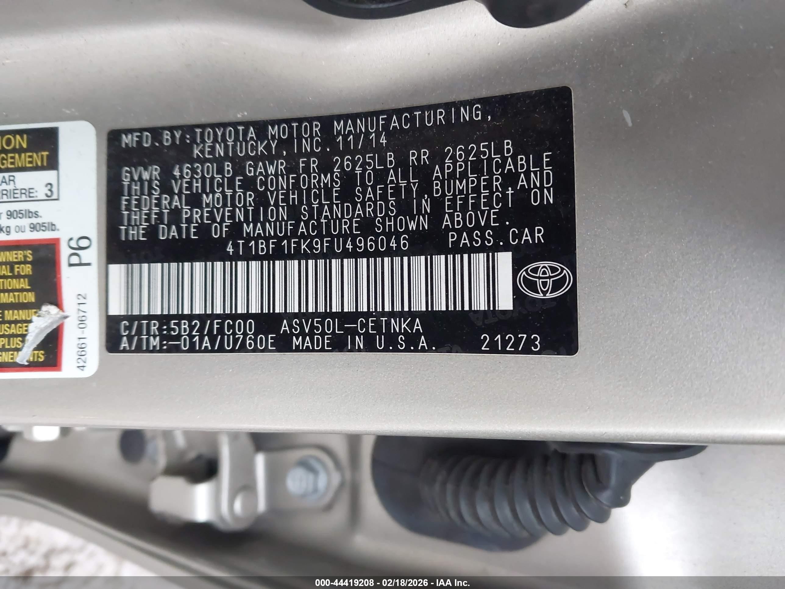 2015 Toyota Camry Le Beige vin: 4T1BF1FK9FU496046