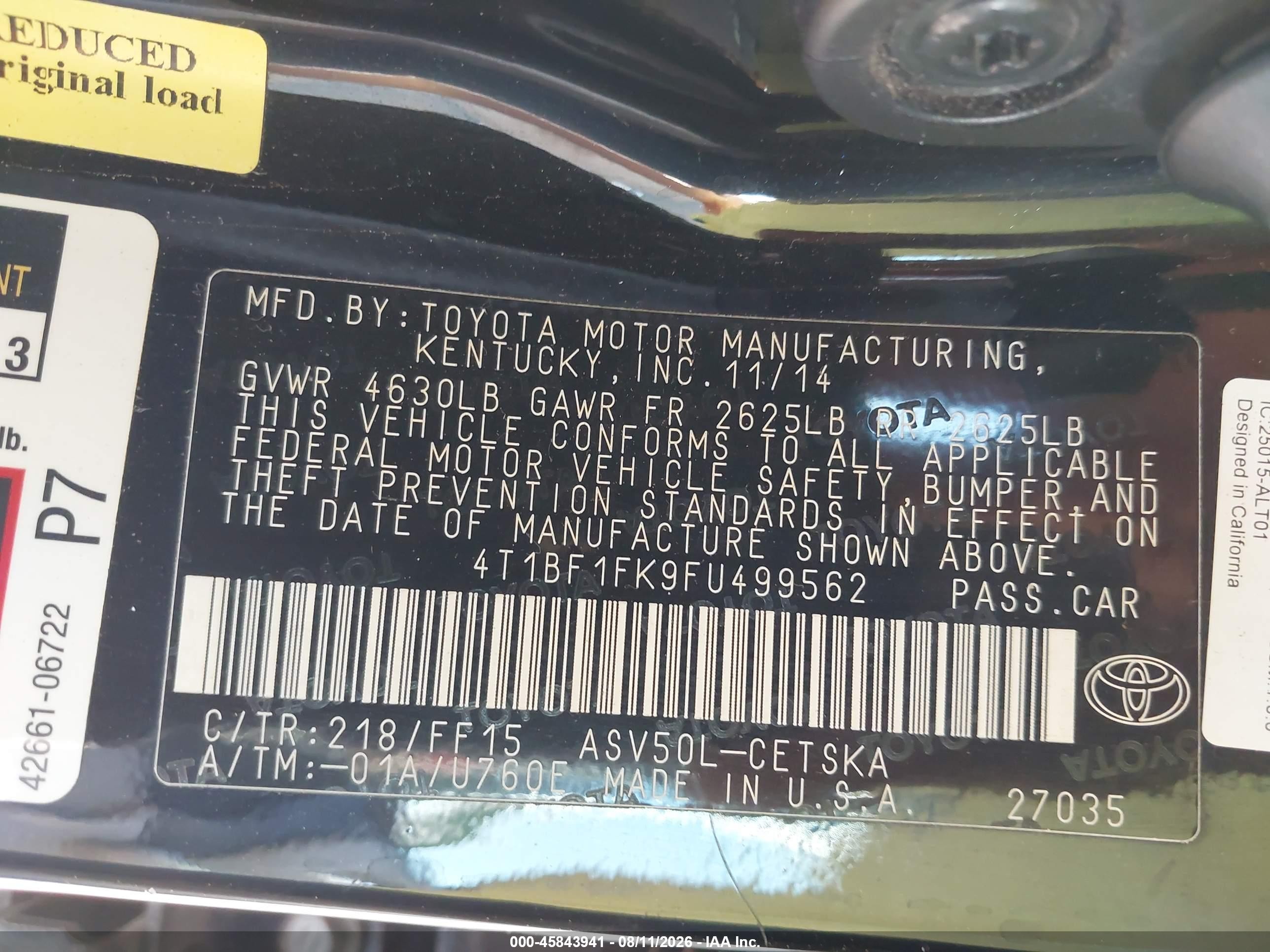 2015 Toyota Camry Se Black vin: 4T1BF1FK9FU499562