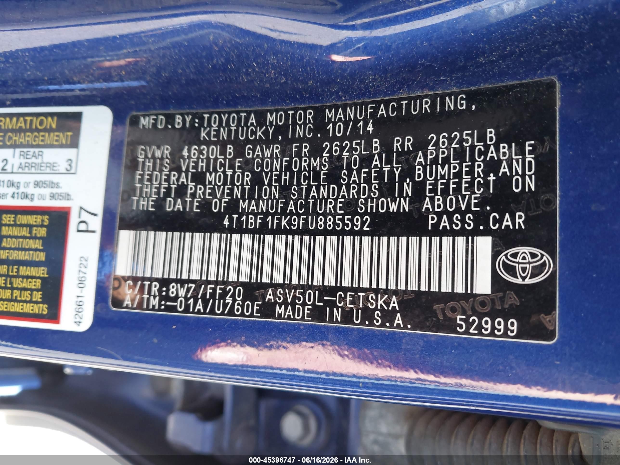 2015 Toyota Camry Se Blue vin: 4T1BF1FK9FU885592