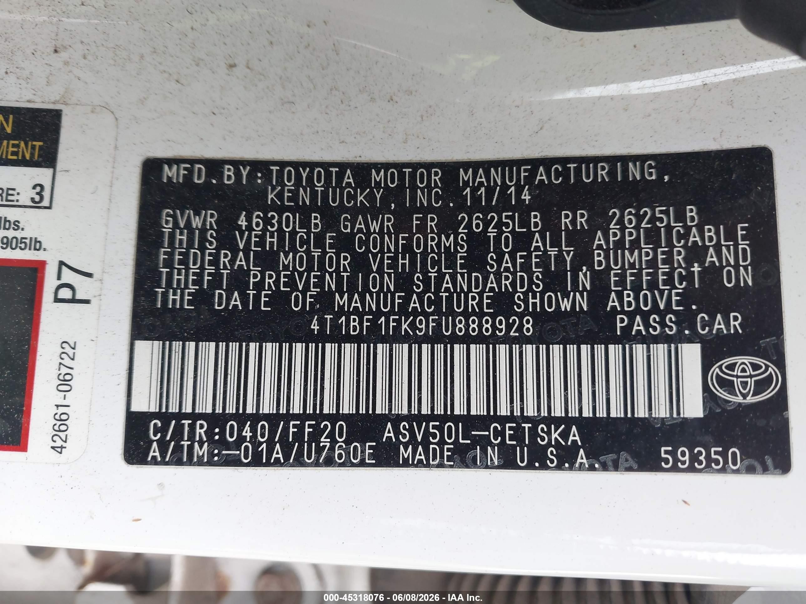 2015 Toyota Camry Se White vin: 4T1BF1FK9FU888928