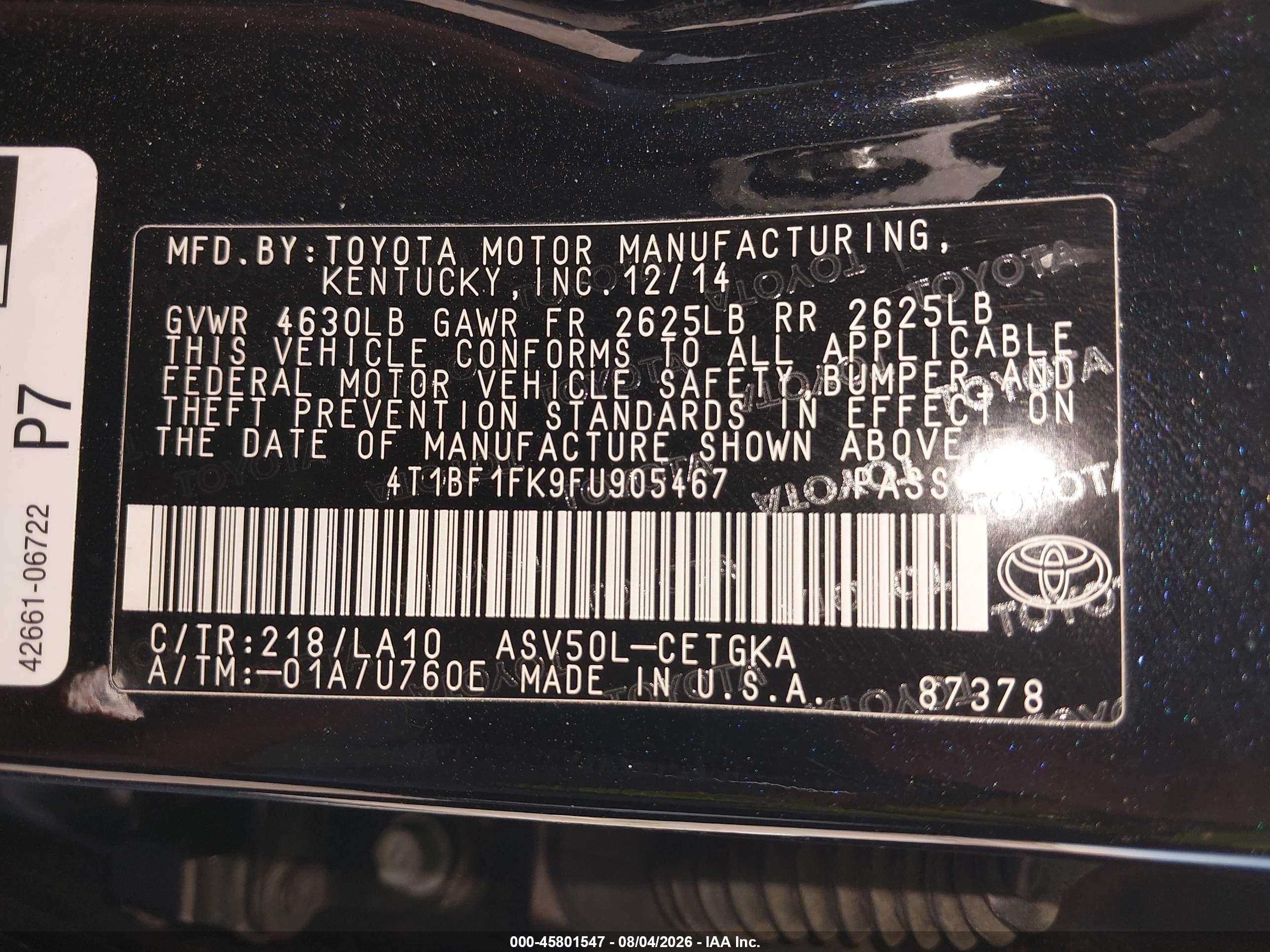 2015 Toyota Camry Le/xle/se/xse Black vin: 4T1BF1FK9FU905467