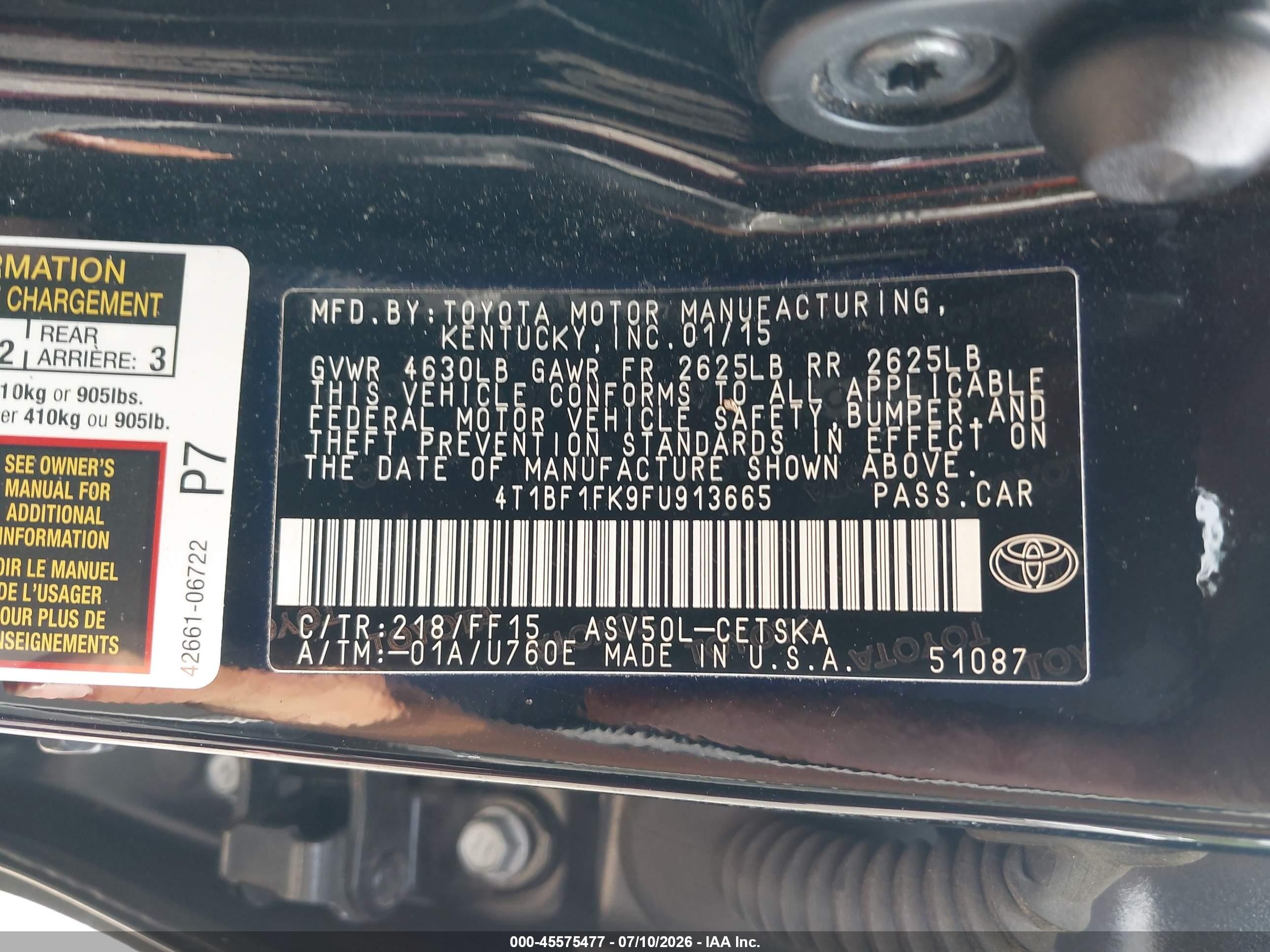 2015 Toyota Camry Se Black vin: 4T1BF1FK9FU913665