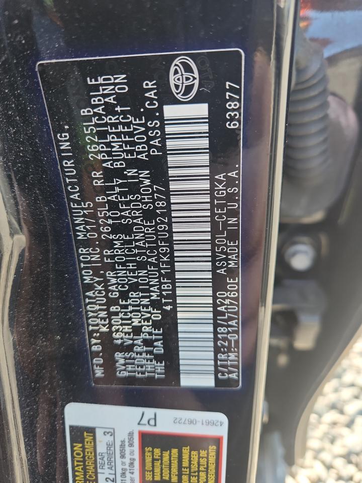 2015 Toyota Camry Xle Black vin: 4T1BF1FK9FU921877