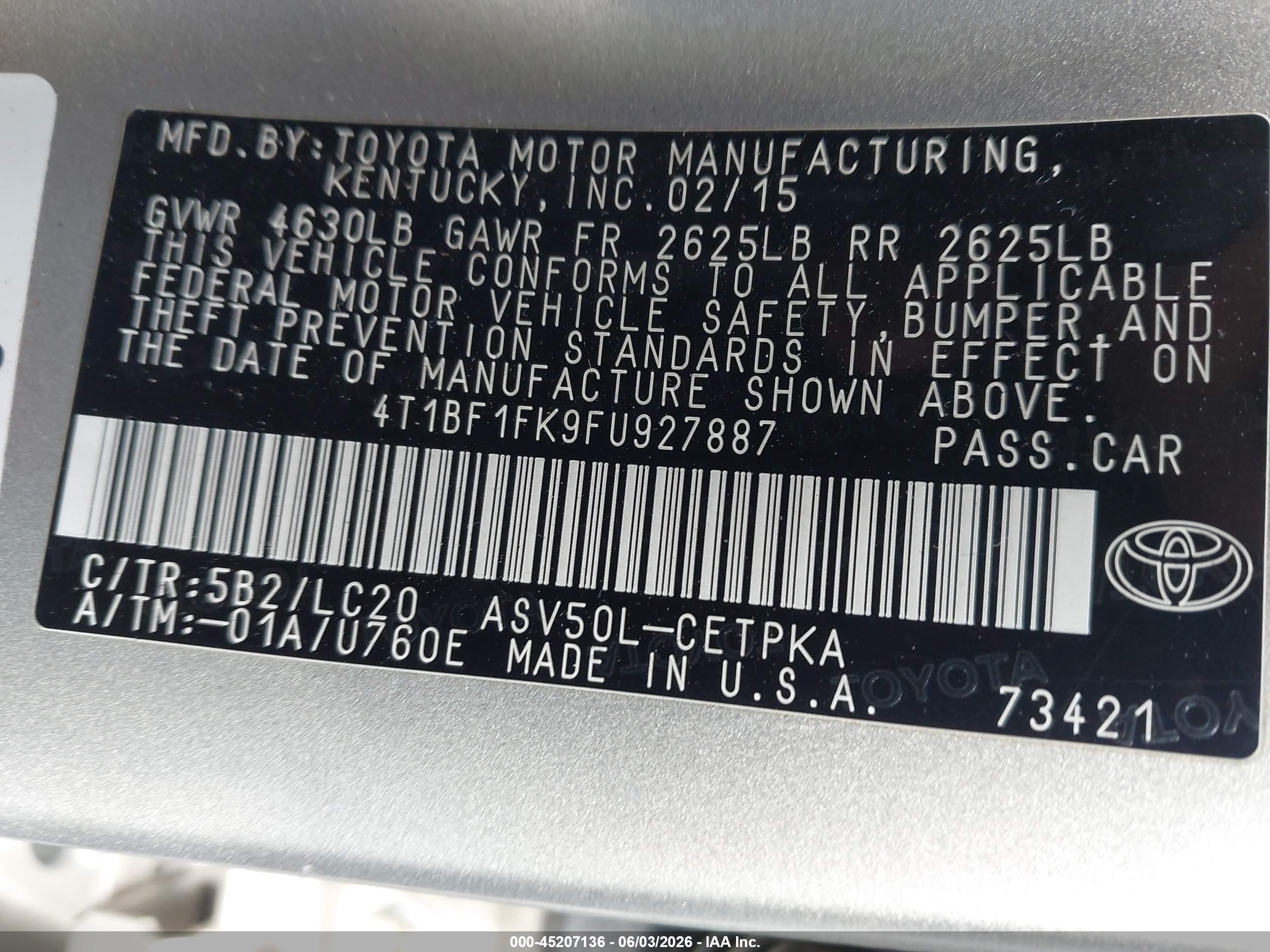2015 Toyota Camry Xse Серебряный vin: 4T1BF1FK9FU927887
