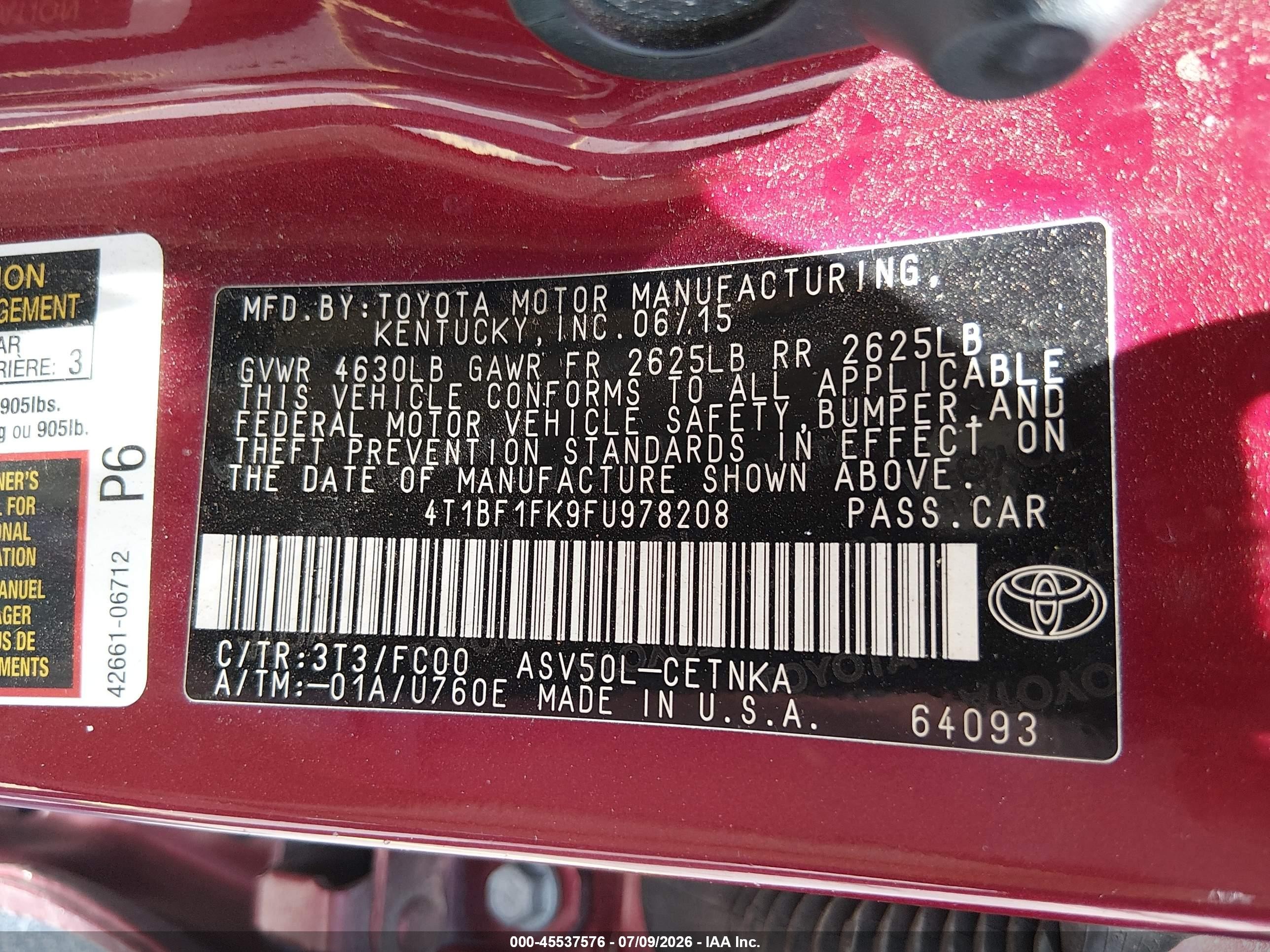 2015 Toyota Camry Le Red vin: 4T1BF1FK9FU978208