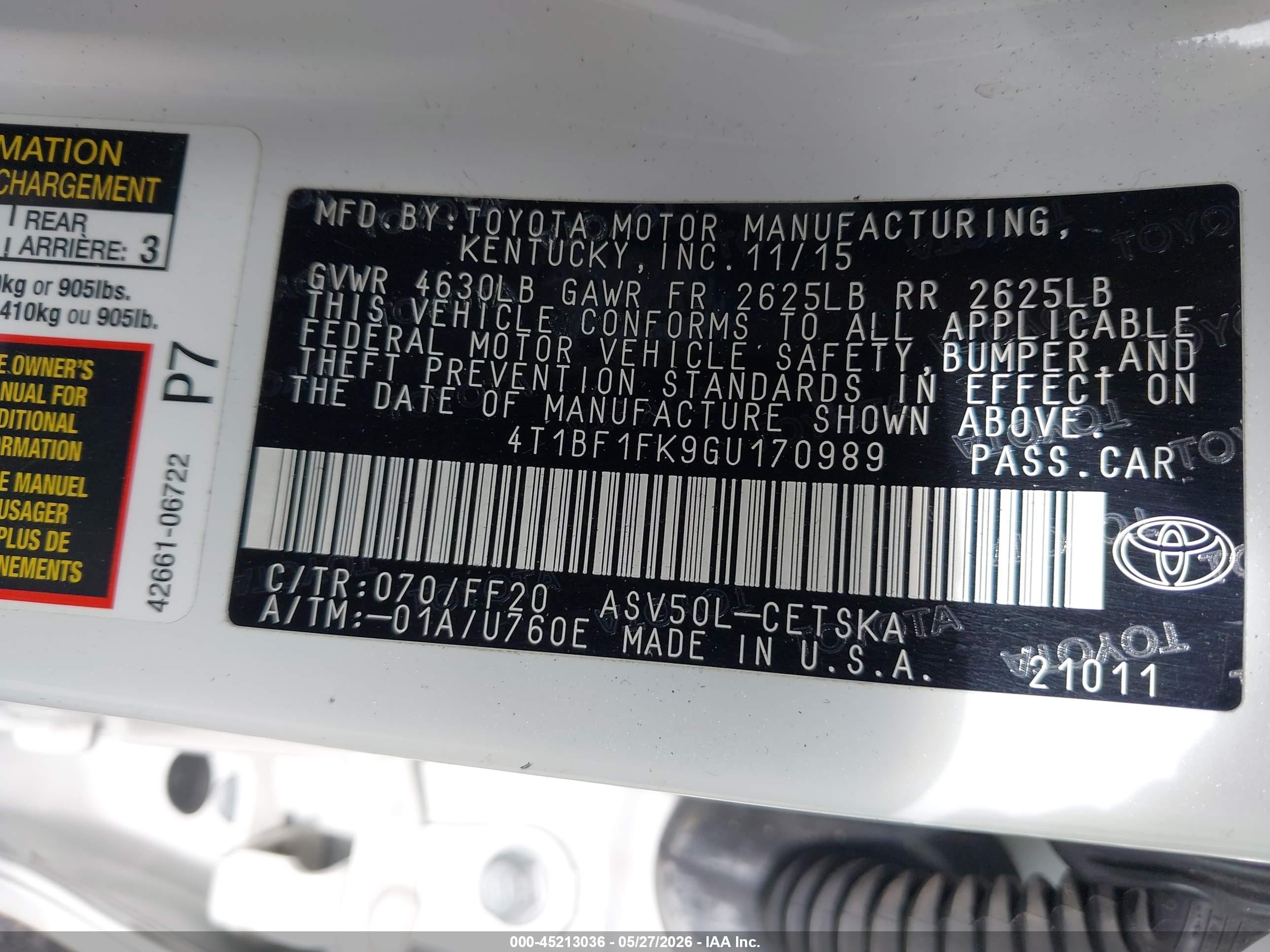 2016 Toyota Camry Se White vin: 4T1BF1FK9GU170989