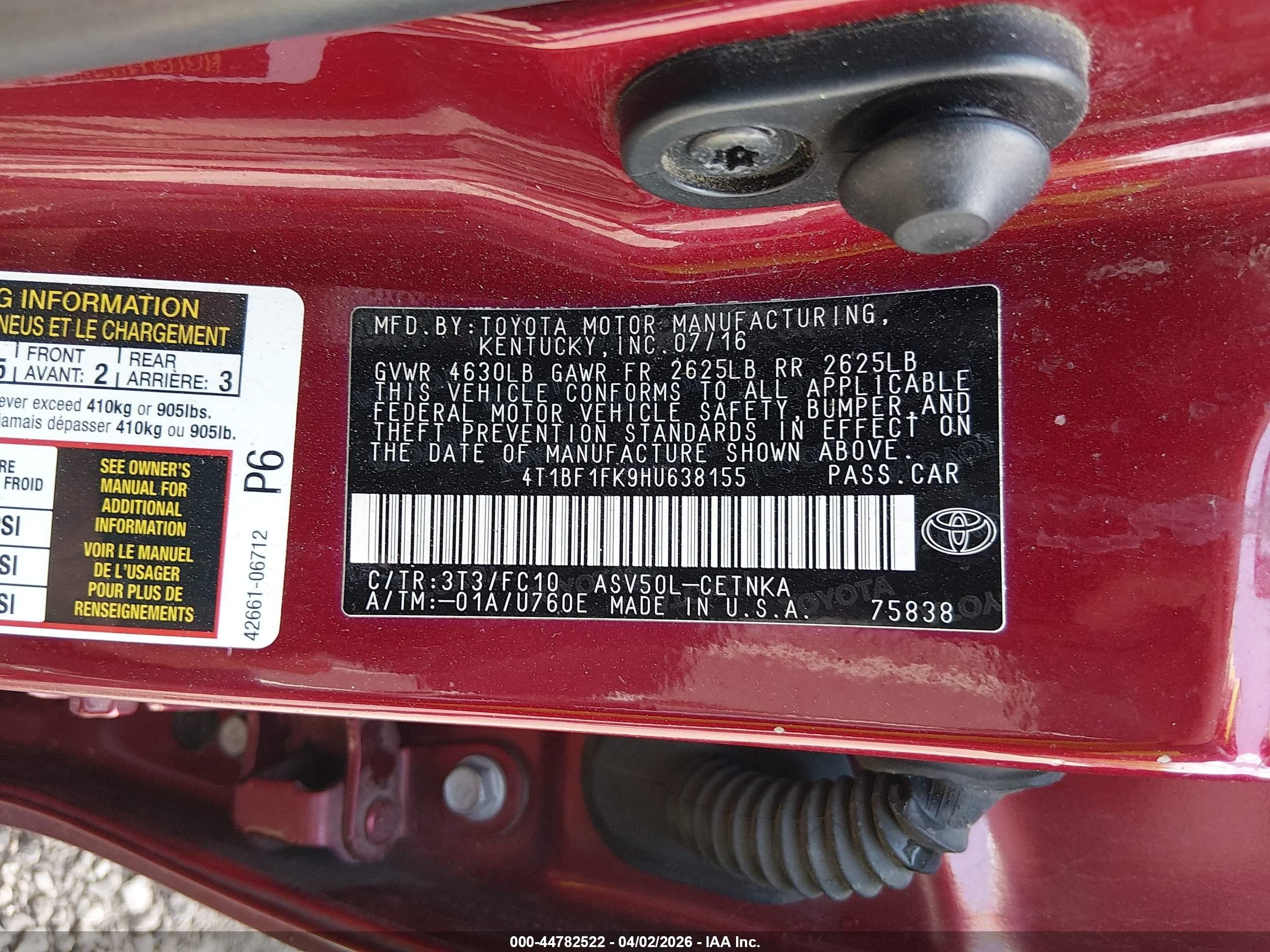 2017 Toyota Camry Le Красный vin: 4T1BF1FK9HU638155