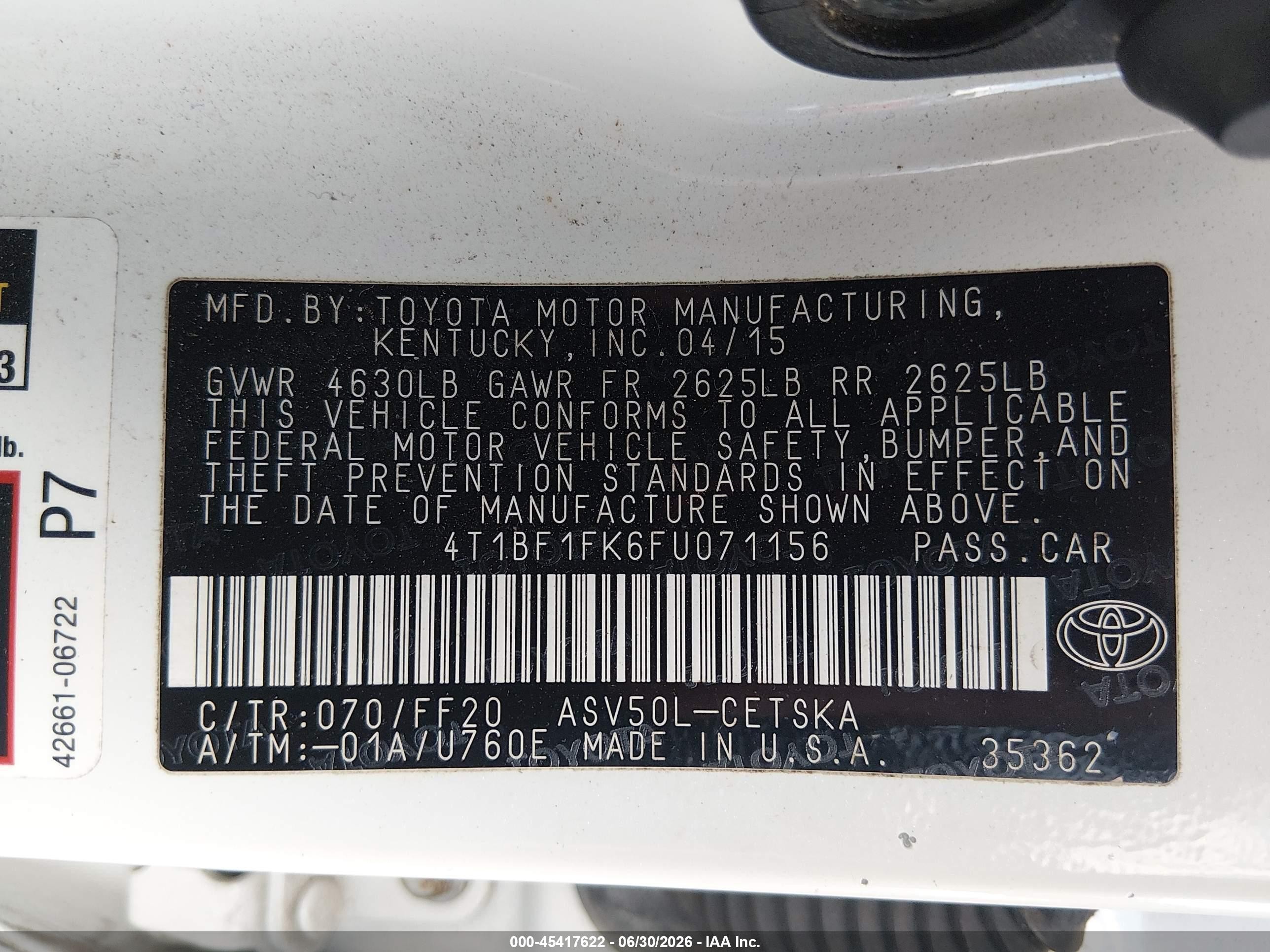 2015 Toyota Camry Le/xle/se/xse Белый vin: 4T1BF1FKGFU071156