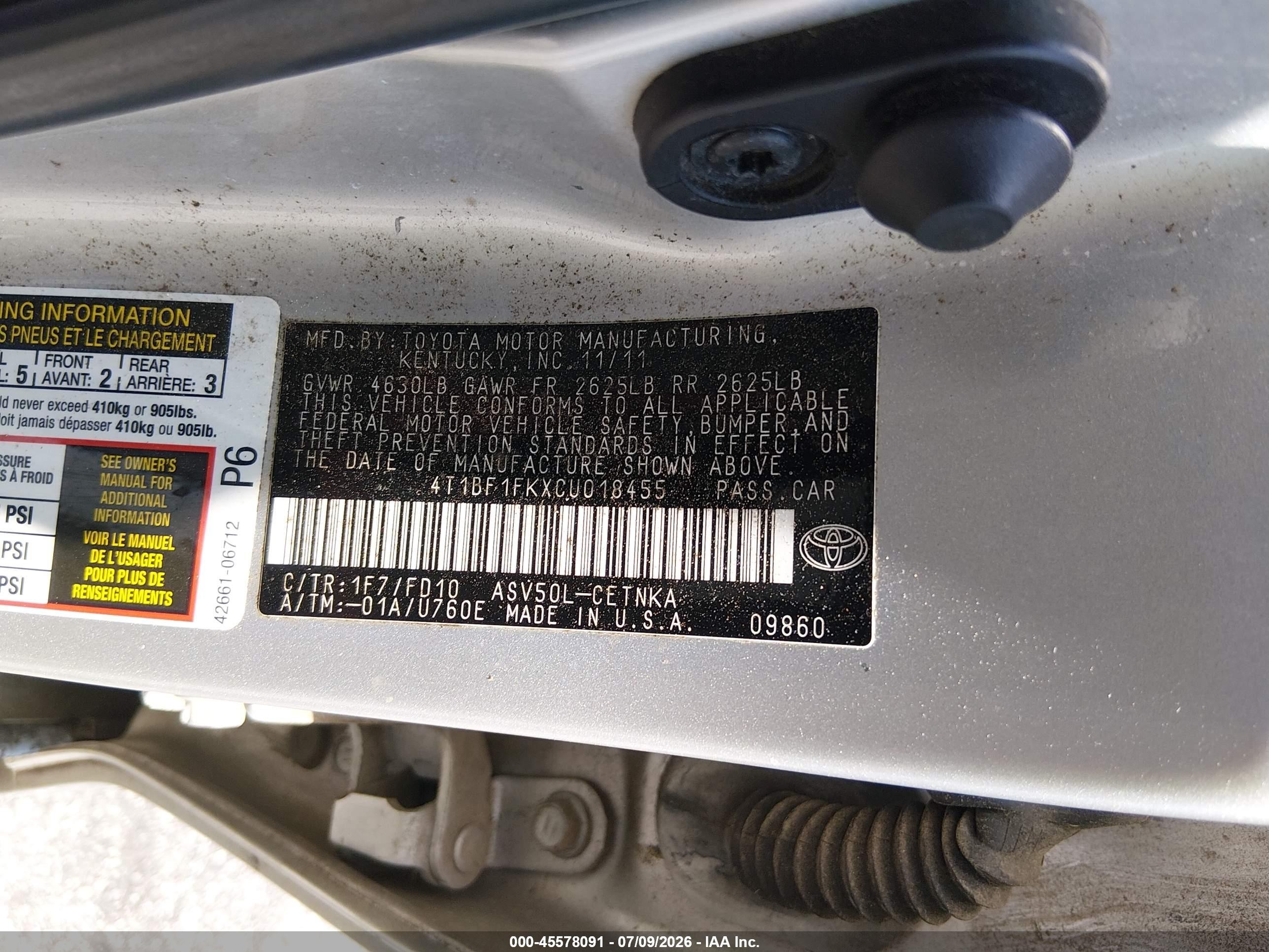 2012 Toyota Camry Le Silver vin: 4T1BF1FKXCU018455