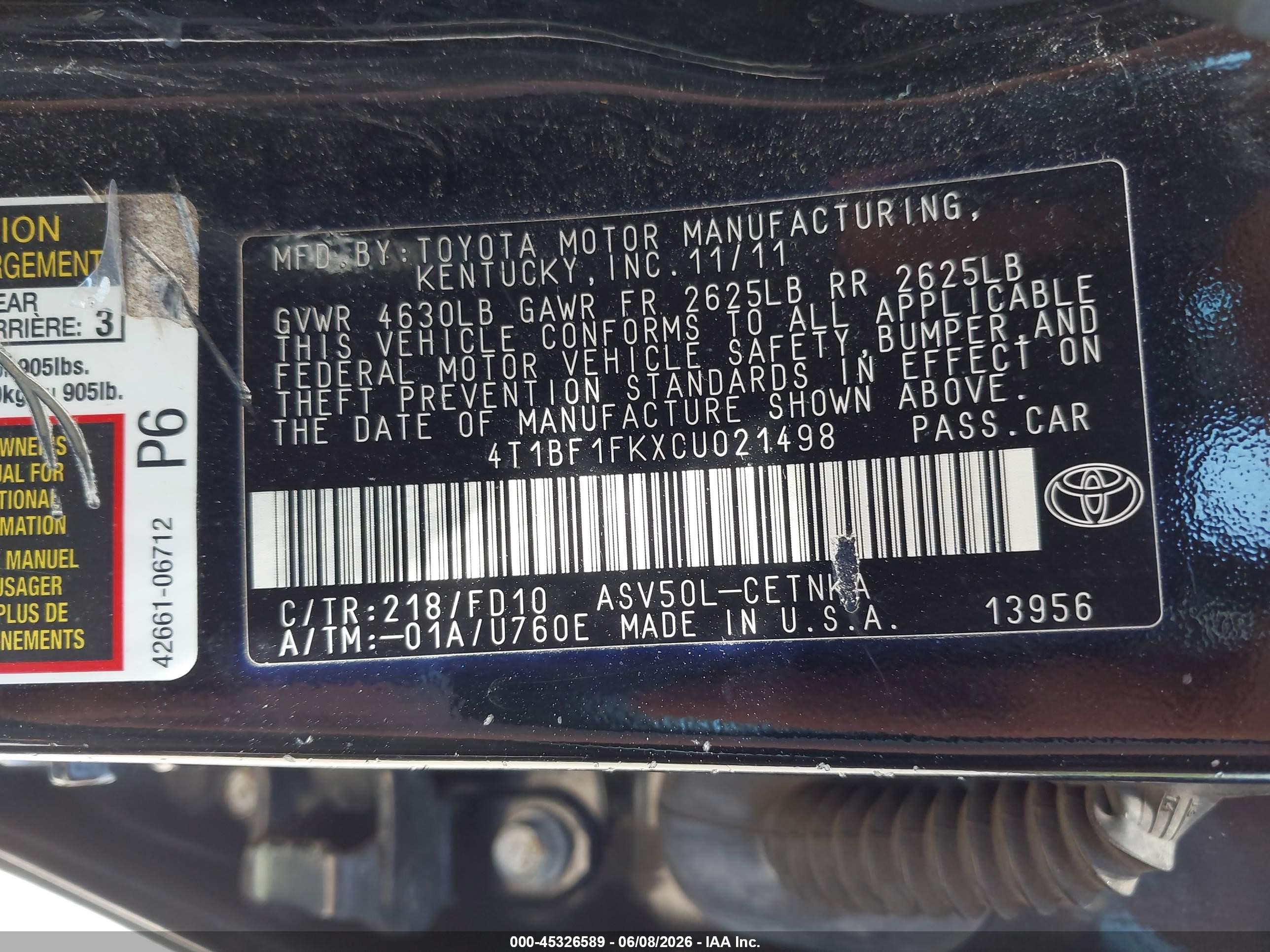 2012 Toyota Camry Le Black vin: 4T1BF1FKXCU021498