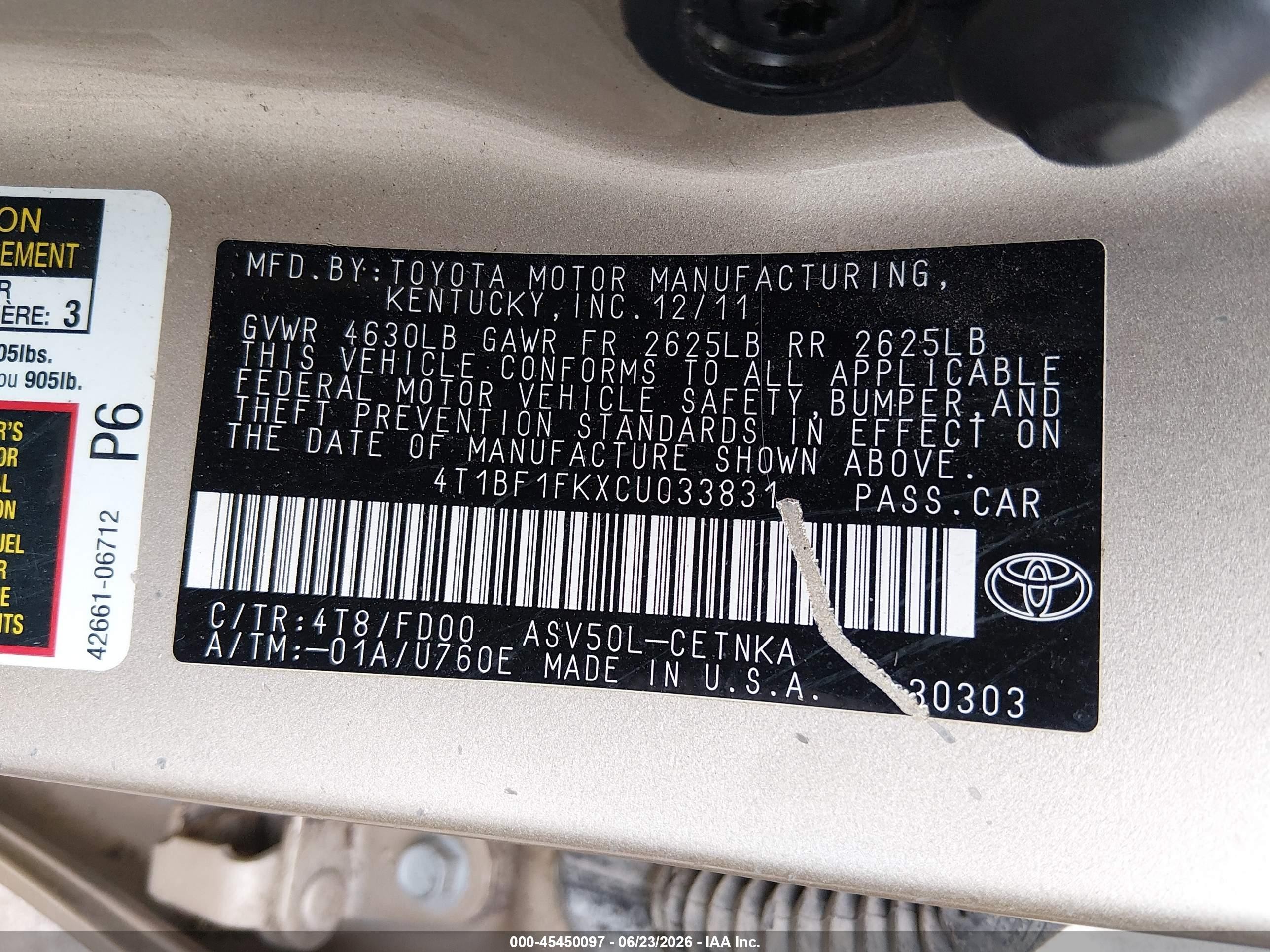 2012 Toyota Camry Le Gold vin: 4T1BF1FKXCU033831