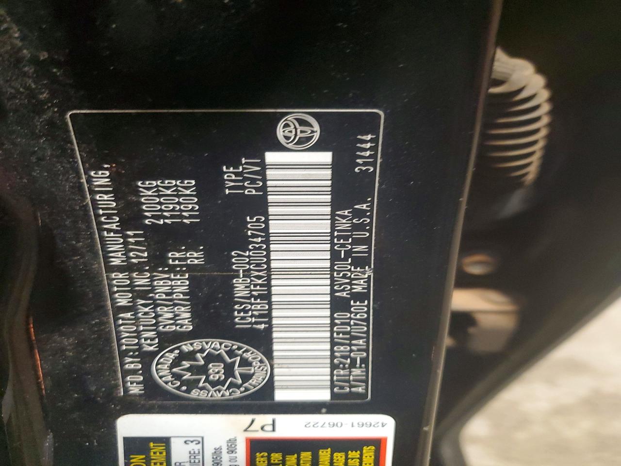 2012 Toyota Camry L Black vin: 4T1BF1FKXCU034705