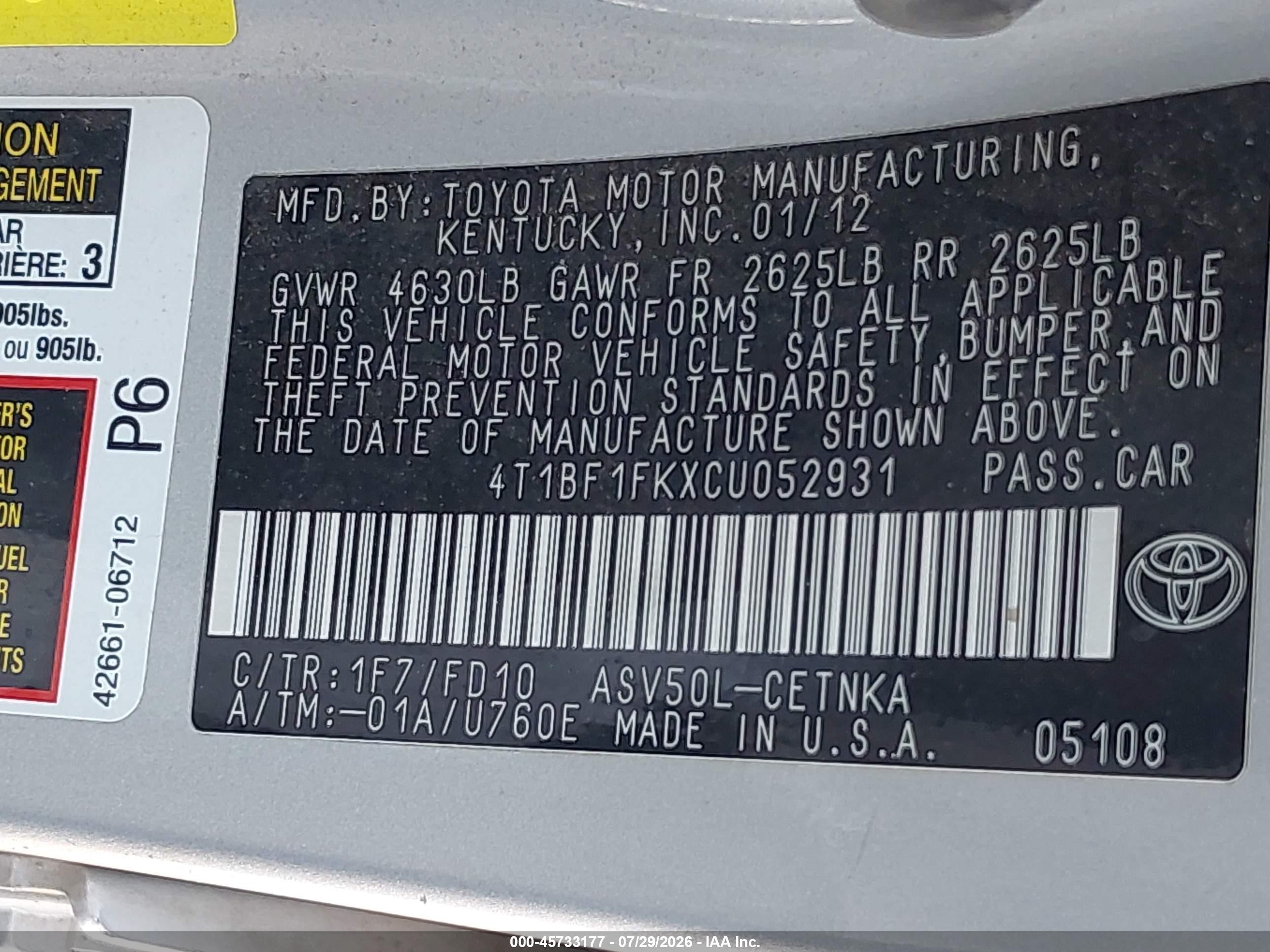 2012 Toyota Camry Le Silver vin: 4T1BF1FKXCU052931
