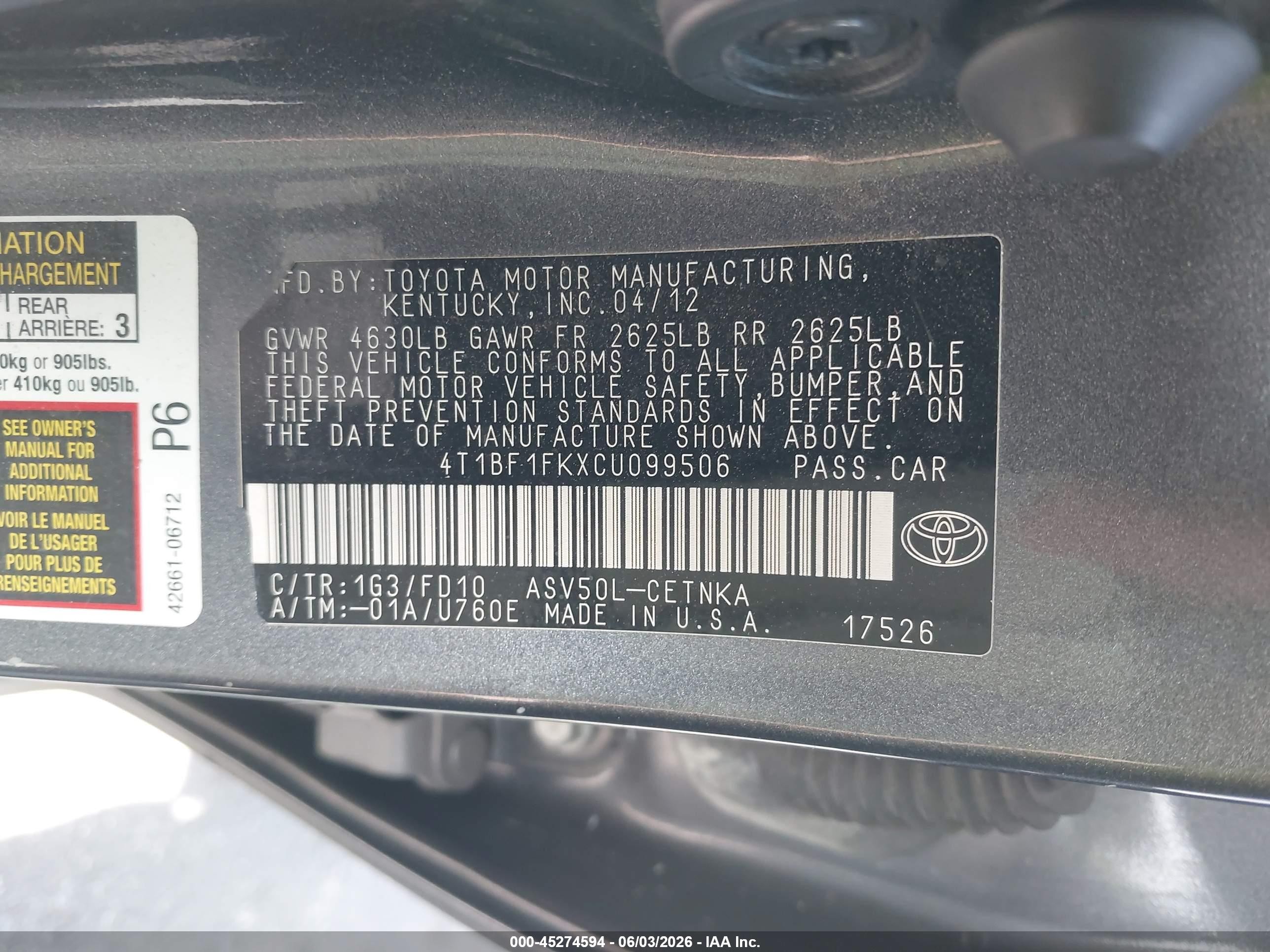 2012 Toyota Camry Le Серый vin: 4T1BF1FKXCU099506