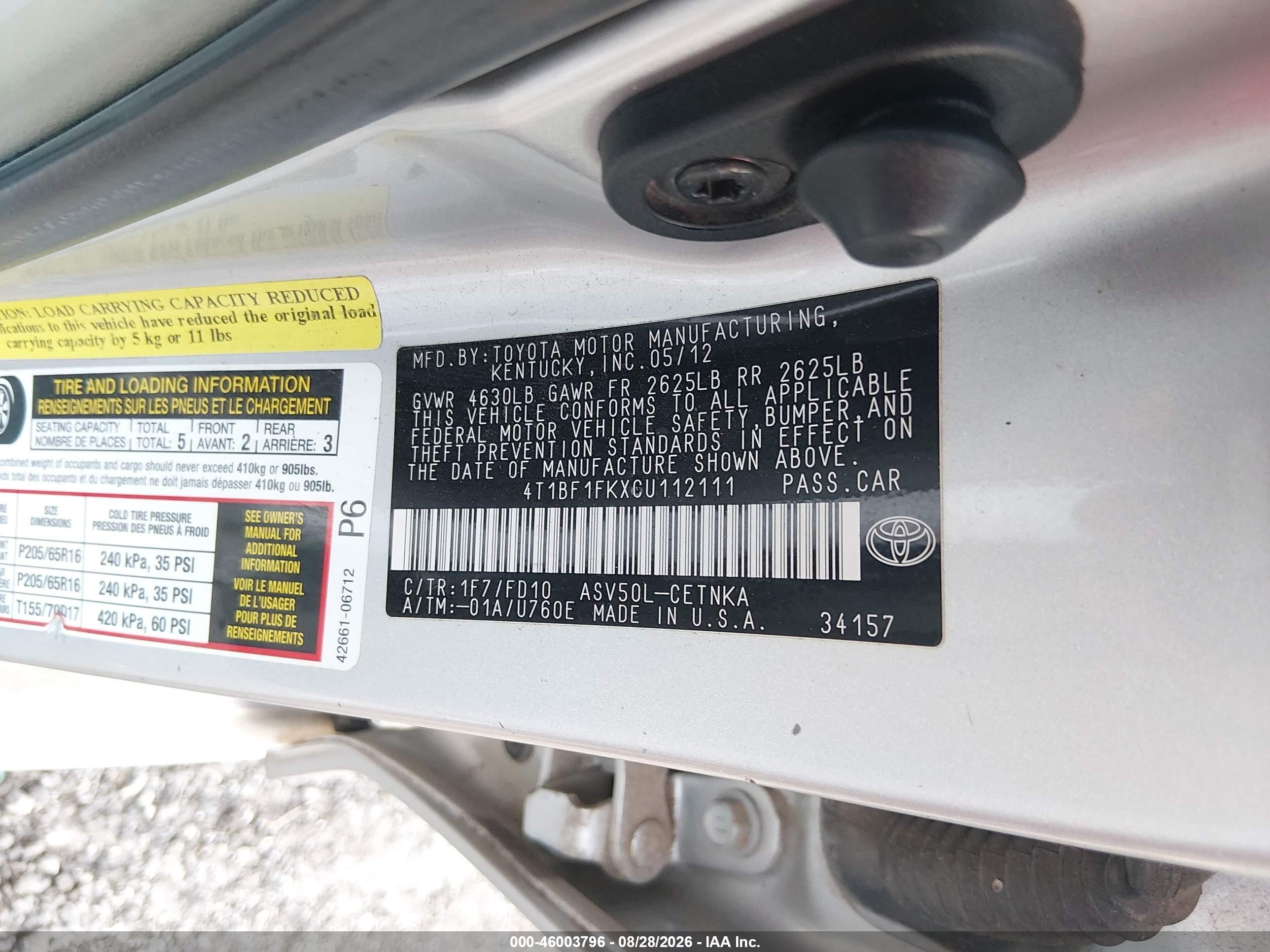 2012 Toyota Camry Le Серебряный vin: 4T1BF1FKXCU112111