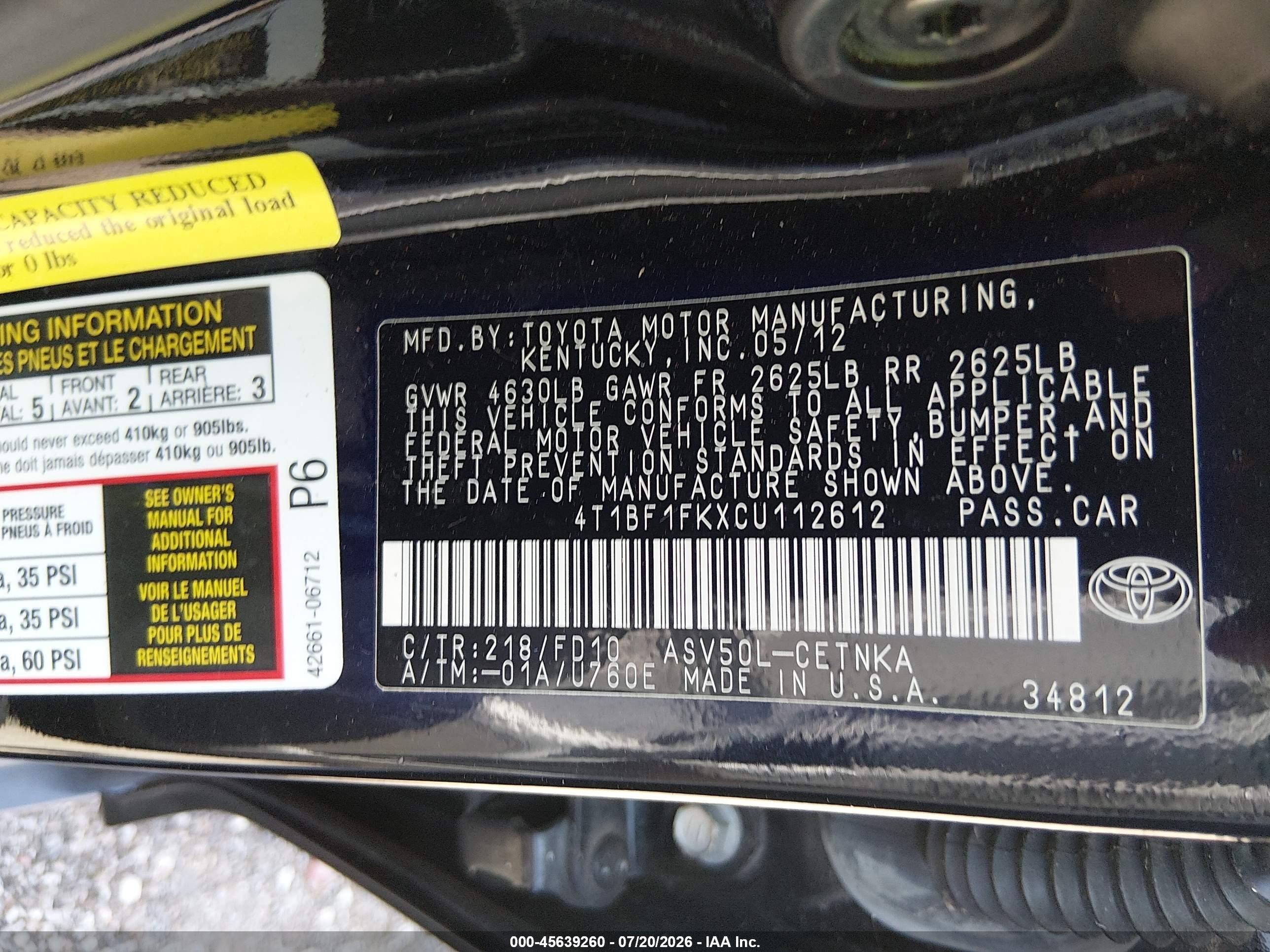 2012 Toyota Camry Le Black vin: 4T1BF1FKXCU112612