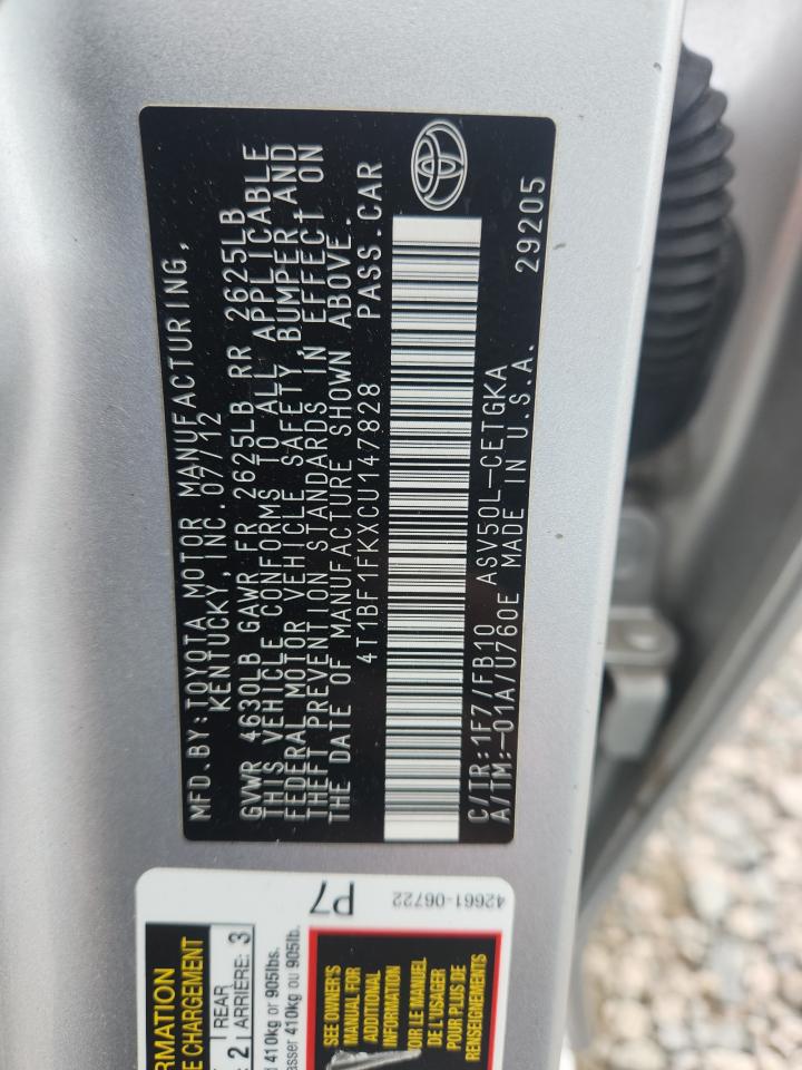 2012 Toyota Camry Xle Silver vin: 4T1BF1FKXCU147828