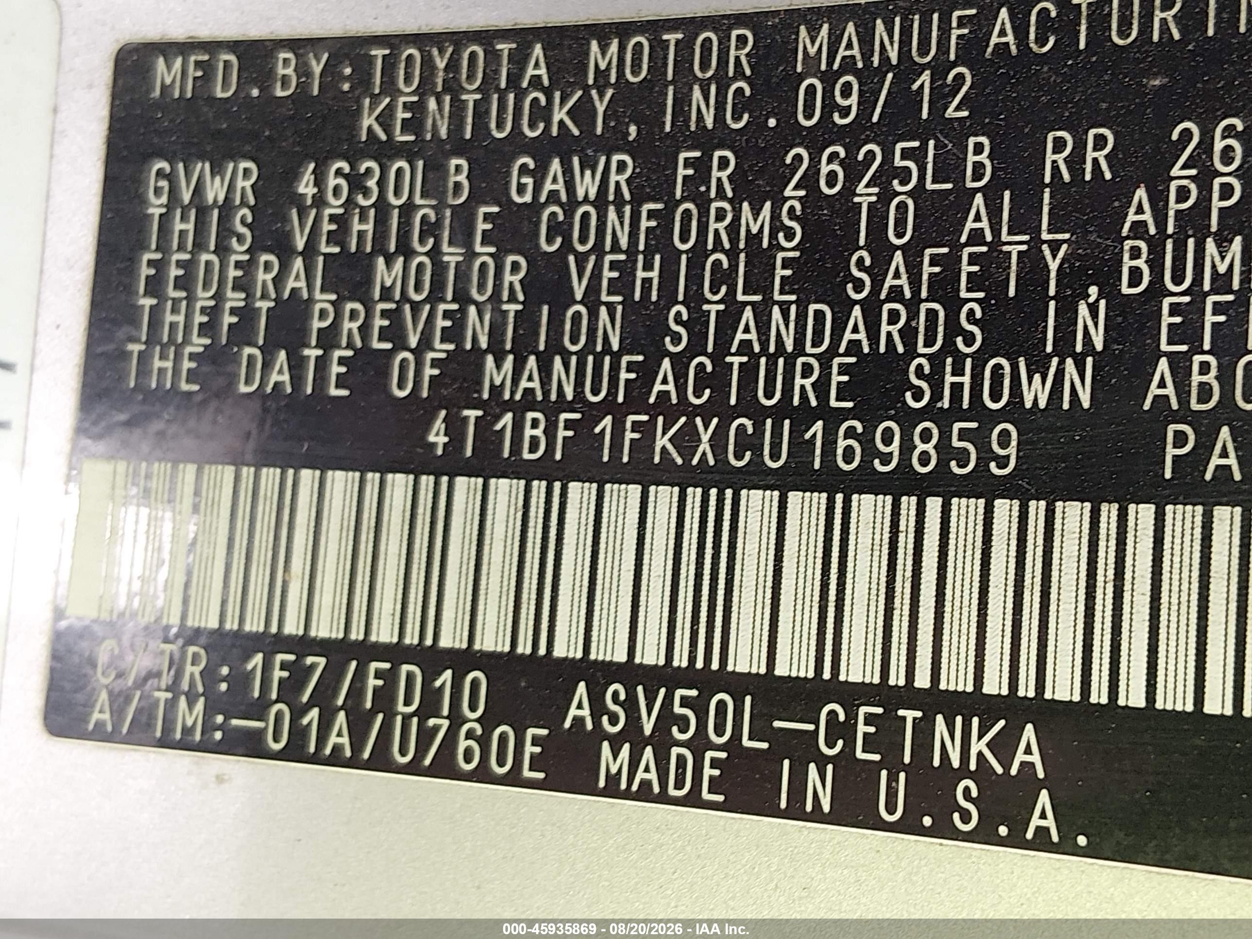2012 Toyota Camry Le Серебряный vin: 4T1BF1FKXCU169859