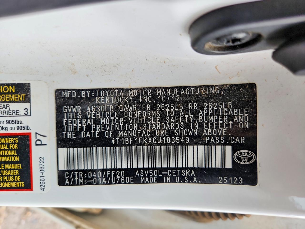 2012 Toyota Camry Se White vin: 4T1BF1FKXCU183549