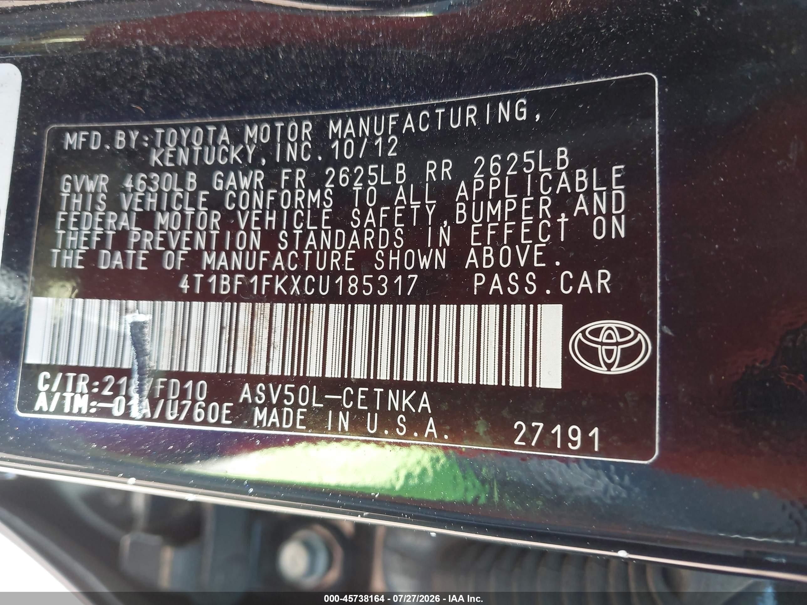 2012 Toyota Camry Le Black vin: 4T1BF1FKXCU185317