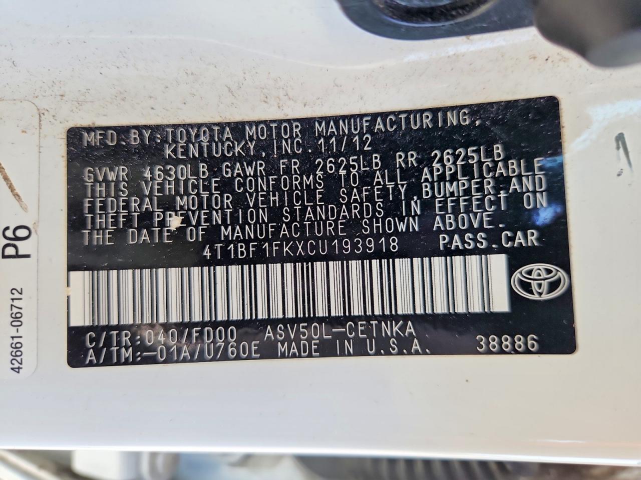 2013 Toyota Camry Le White vin: 4T1BF1FKXCU193918