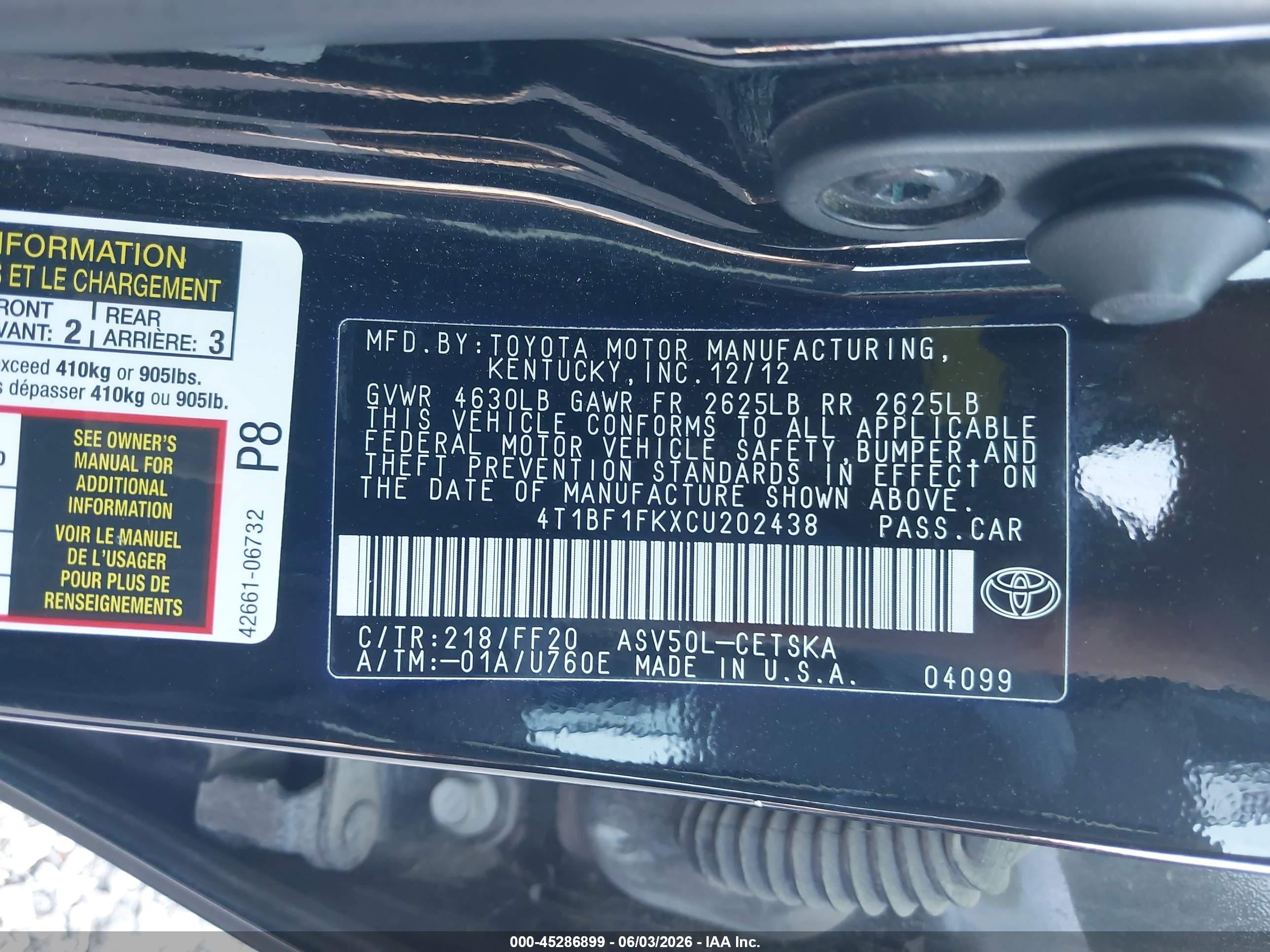 2012 Toyota Camry Se Limited Edition Black vin: 4T1BF1FKXCU202438