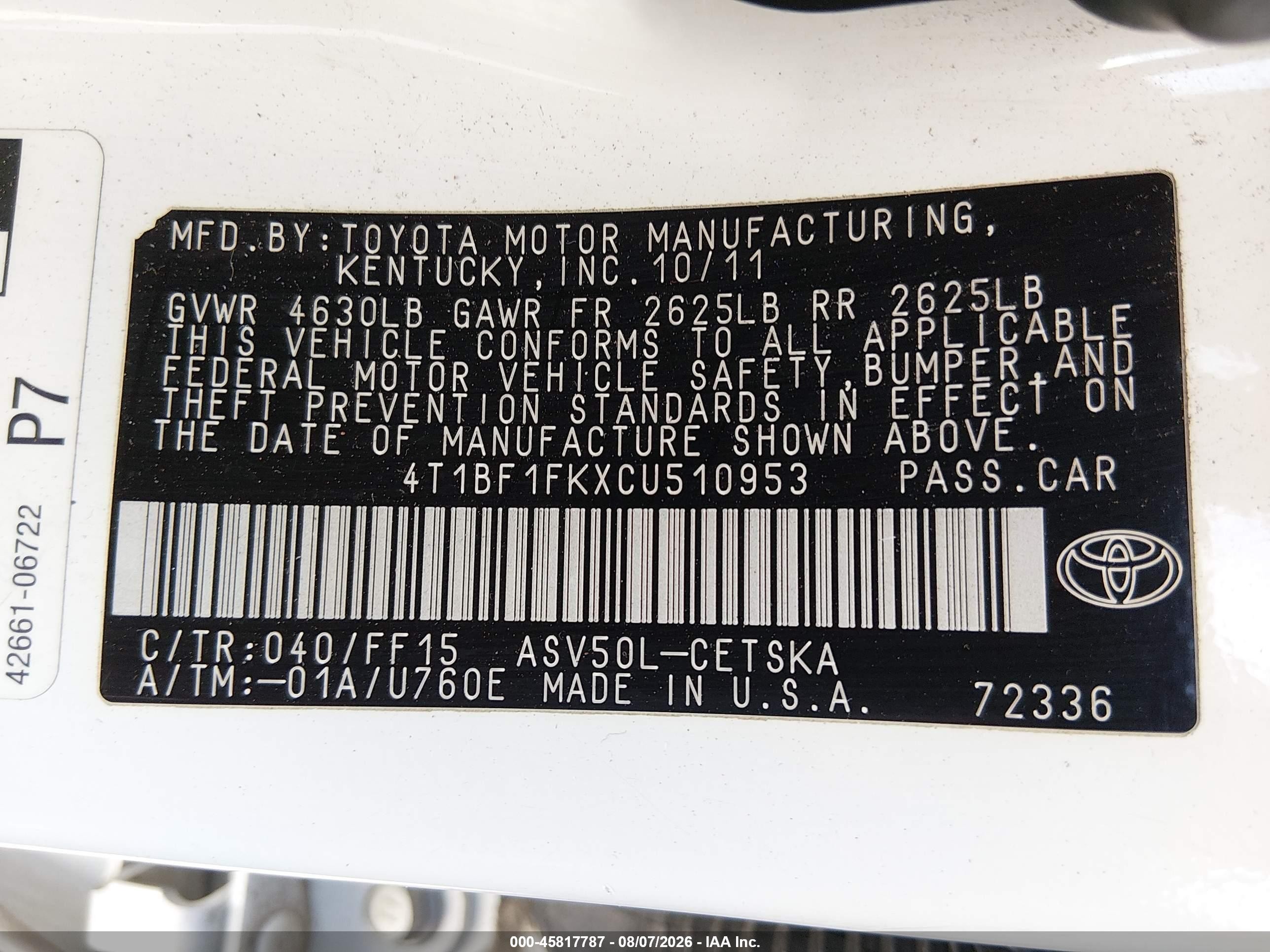 2012 Toyota Camry Se White vin: 4T1BF1FKXCU510953