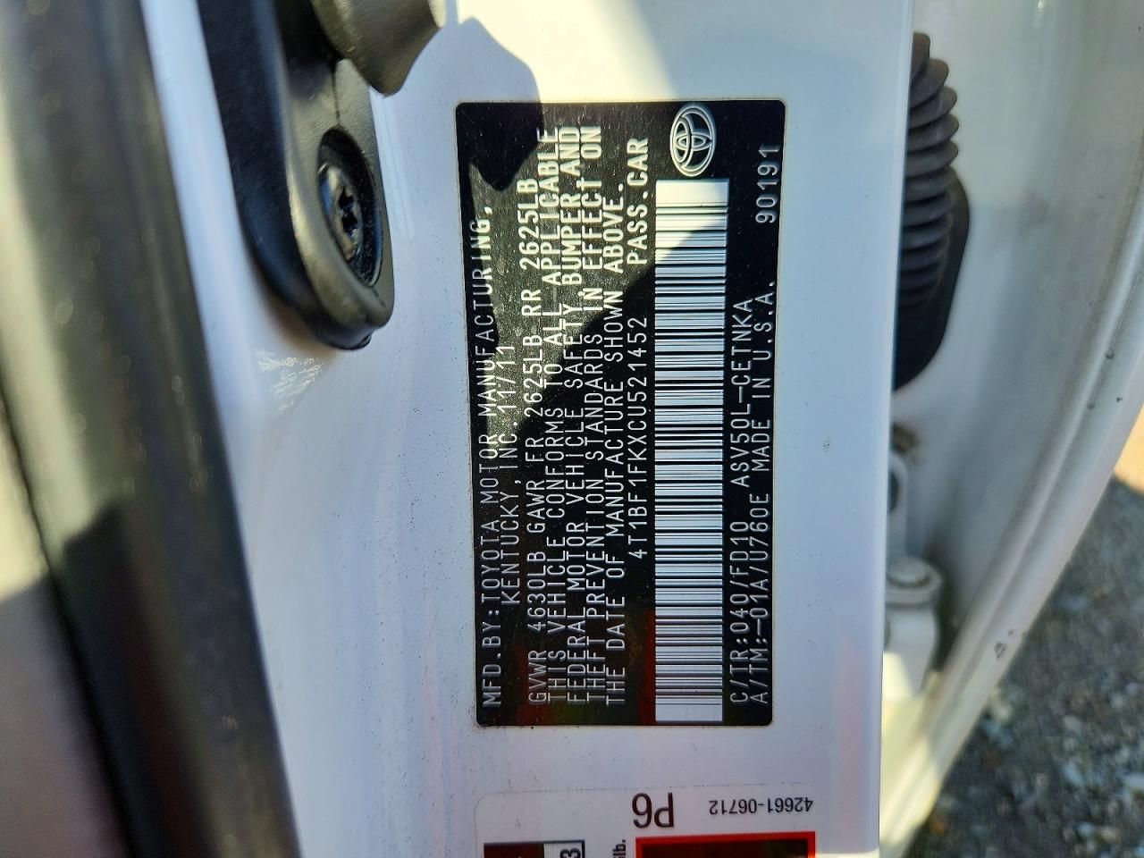 2012 Toyota Camry Le White vin: 4T1BF1FKXCU521452