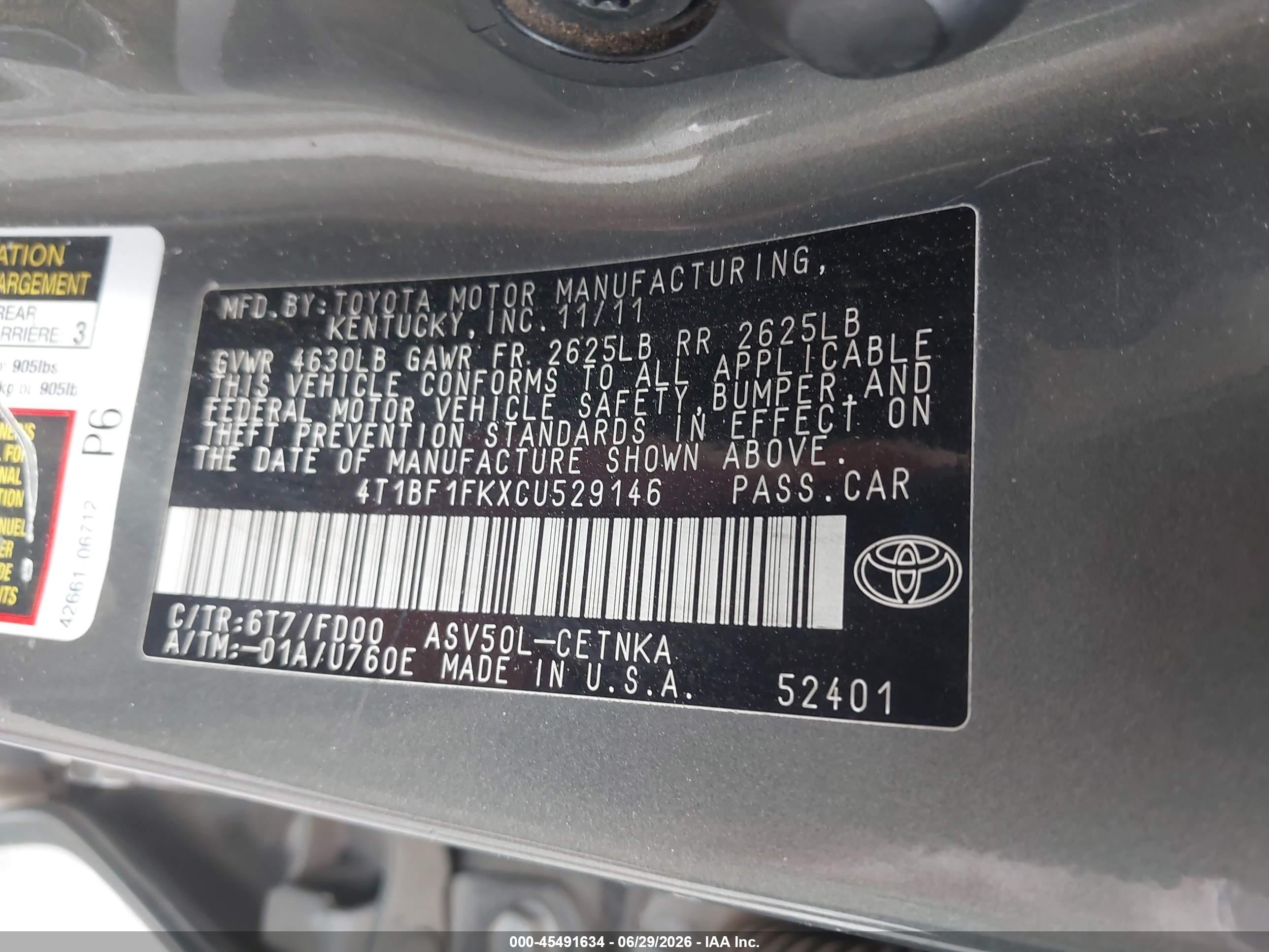 2012 Toyota Camry Le Gray vin: 4T1BF1FKXCU529146