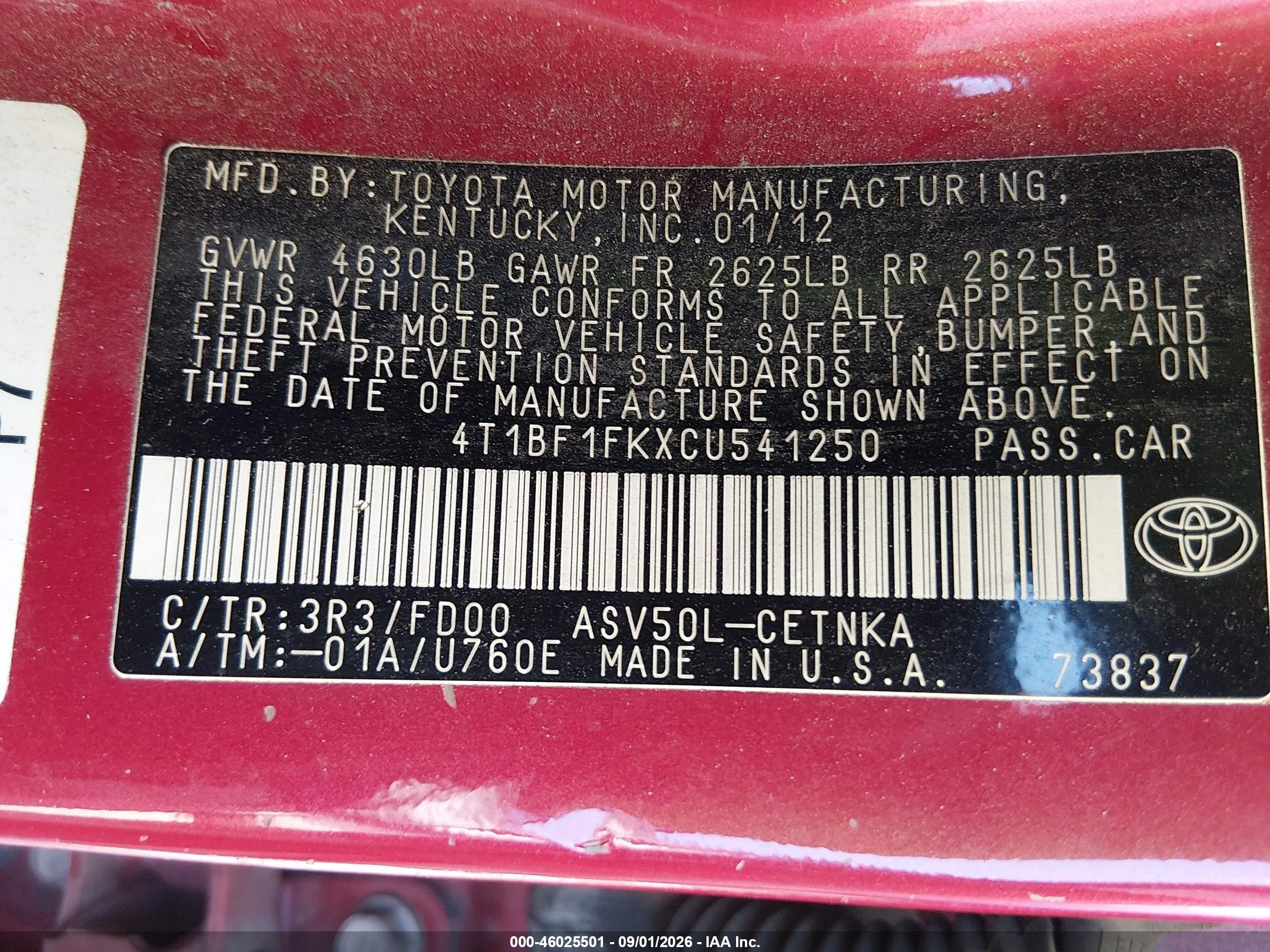 2012 Toyota Camry Le Red vin: 4T1BF1FKXCU541250