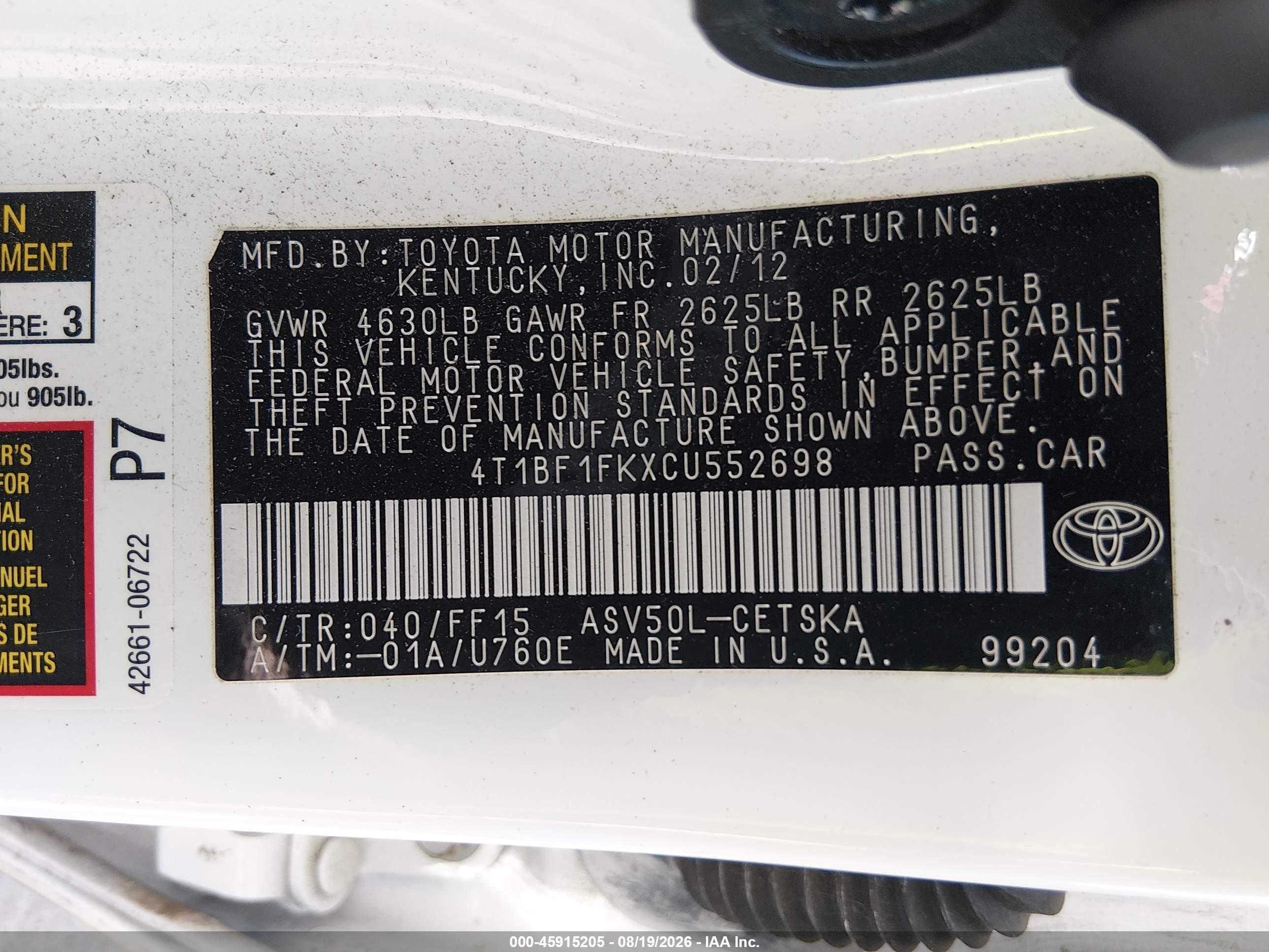 2012 Toyota Camry Se White vin: 4T1BF1FKXCU552698