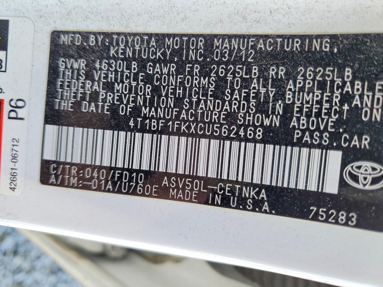 2012 Toyota Camry Le White vin: 4T1BF1FKXCU562468