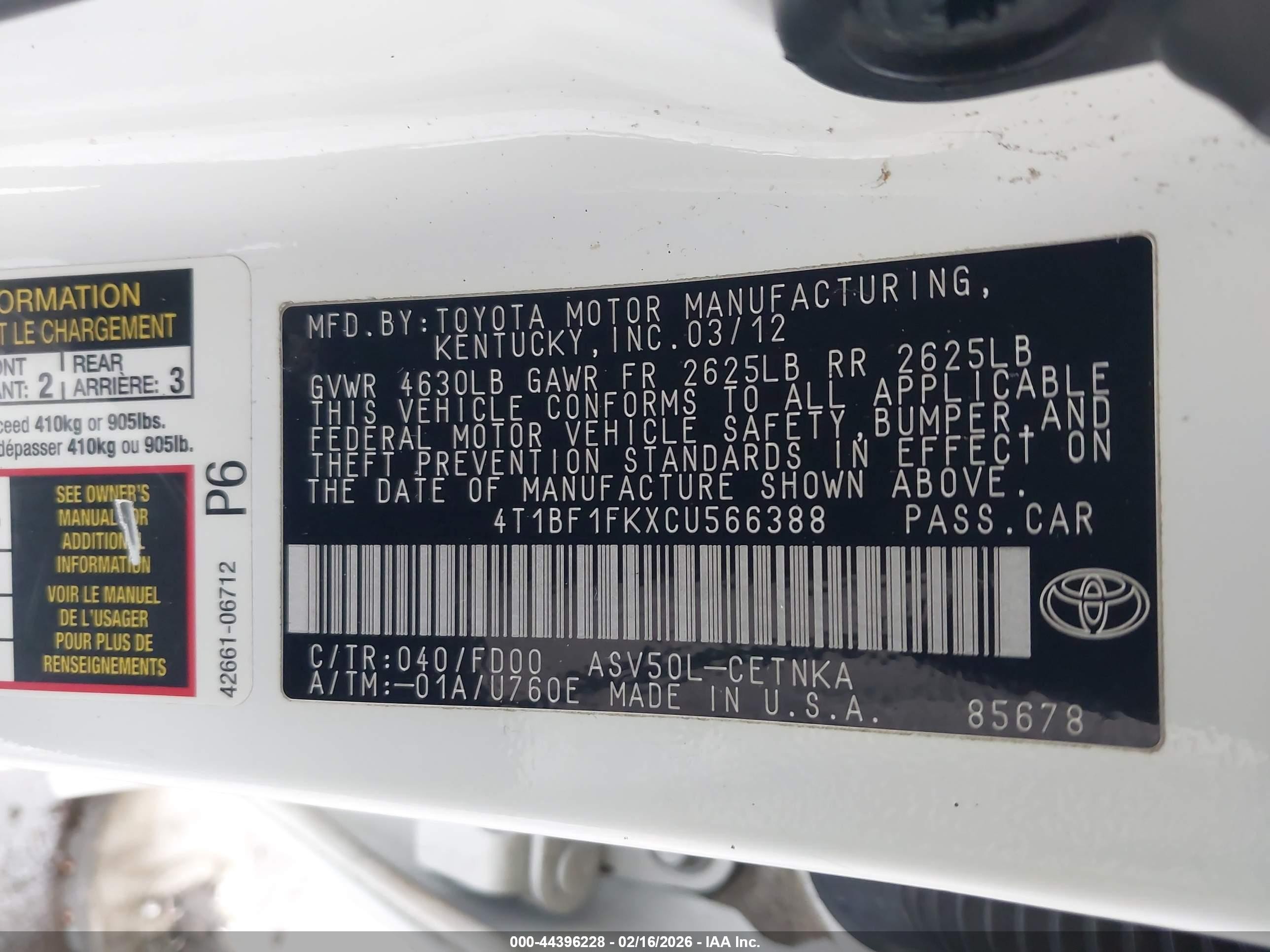 2012 Toyota Camry Le White vin: 4T1BF1FKXCU566388