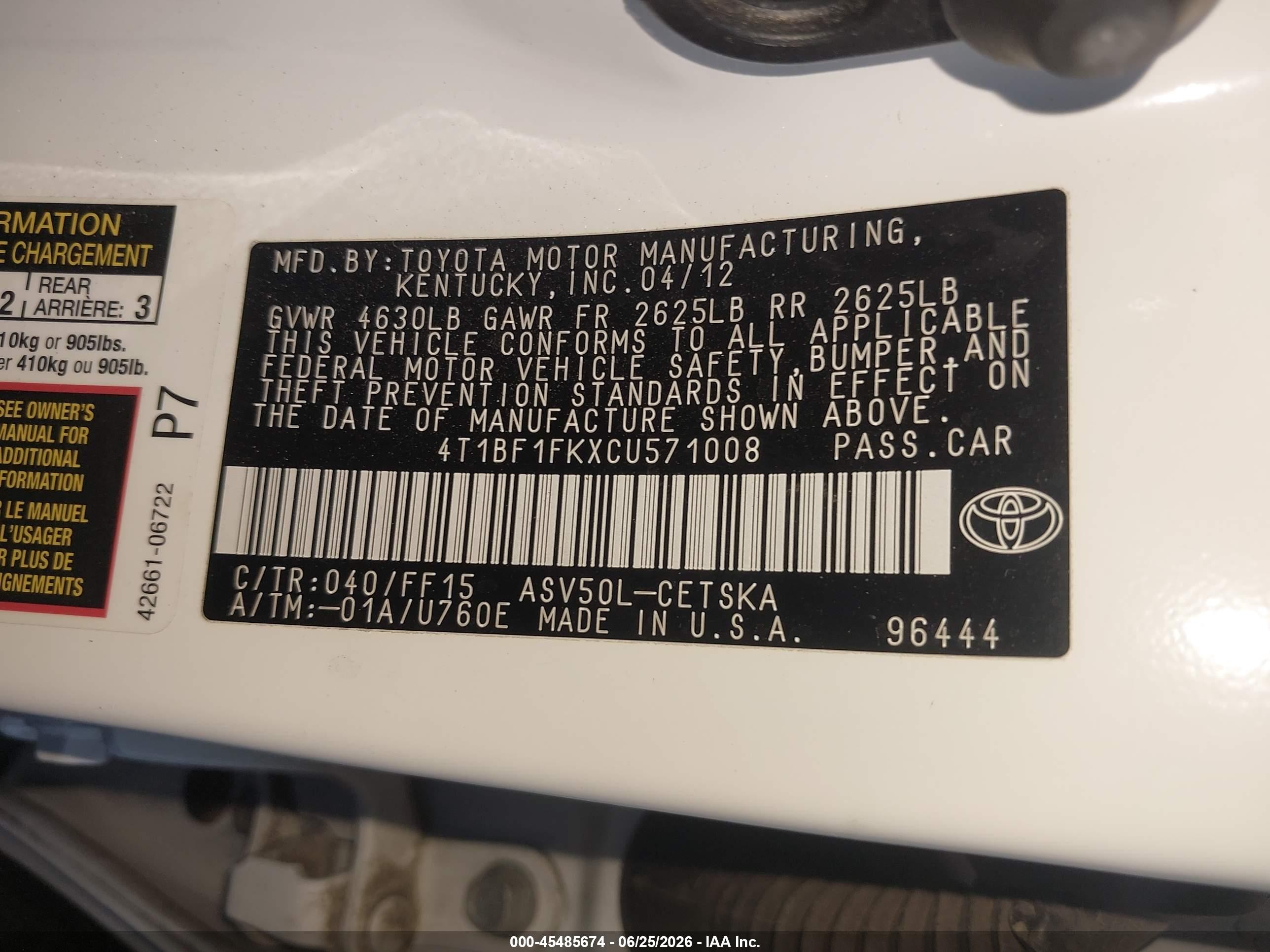 2012 Toyota Camry Se White vin: 4T1BF1FKXCU571008
