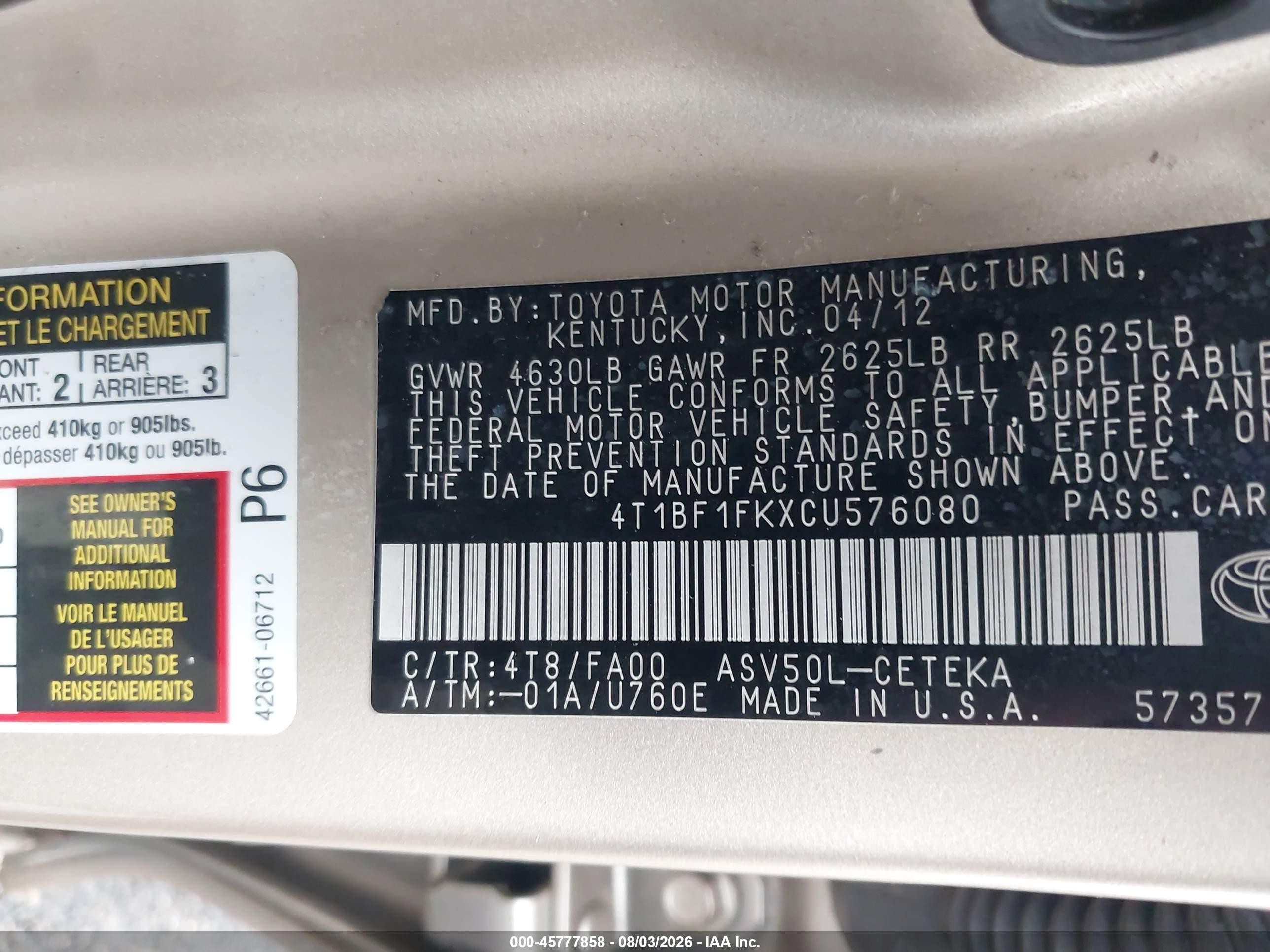 2012 Toyota Camry L Gold vin: 4T1BF1FKXCU576080