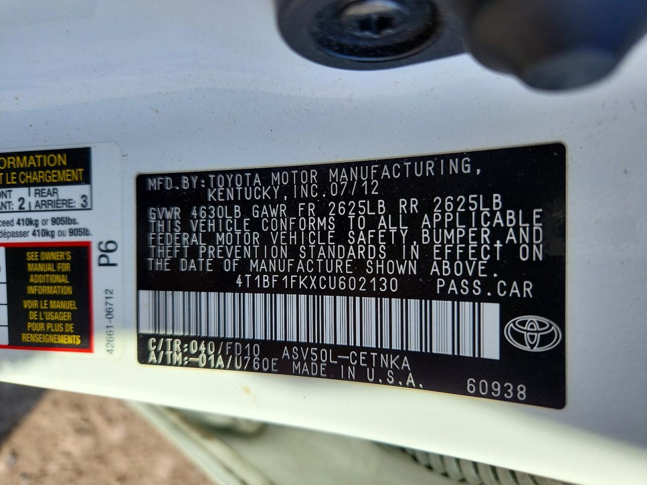 2012 Toyota Camry Le White vin: 4T1BF1FKXCU602130
