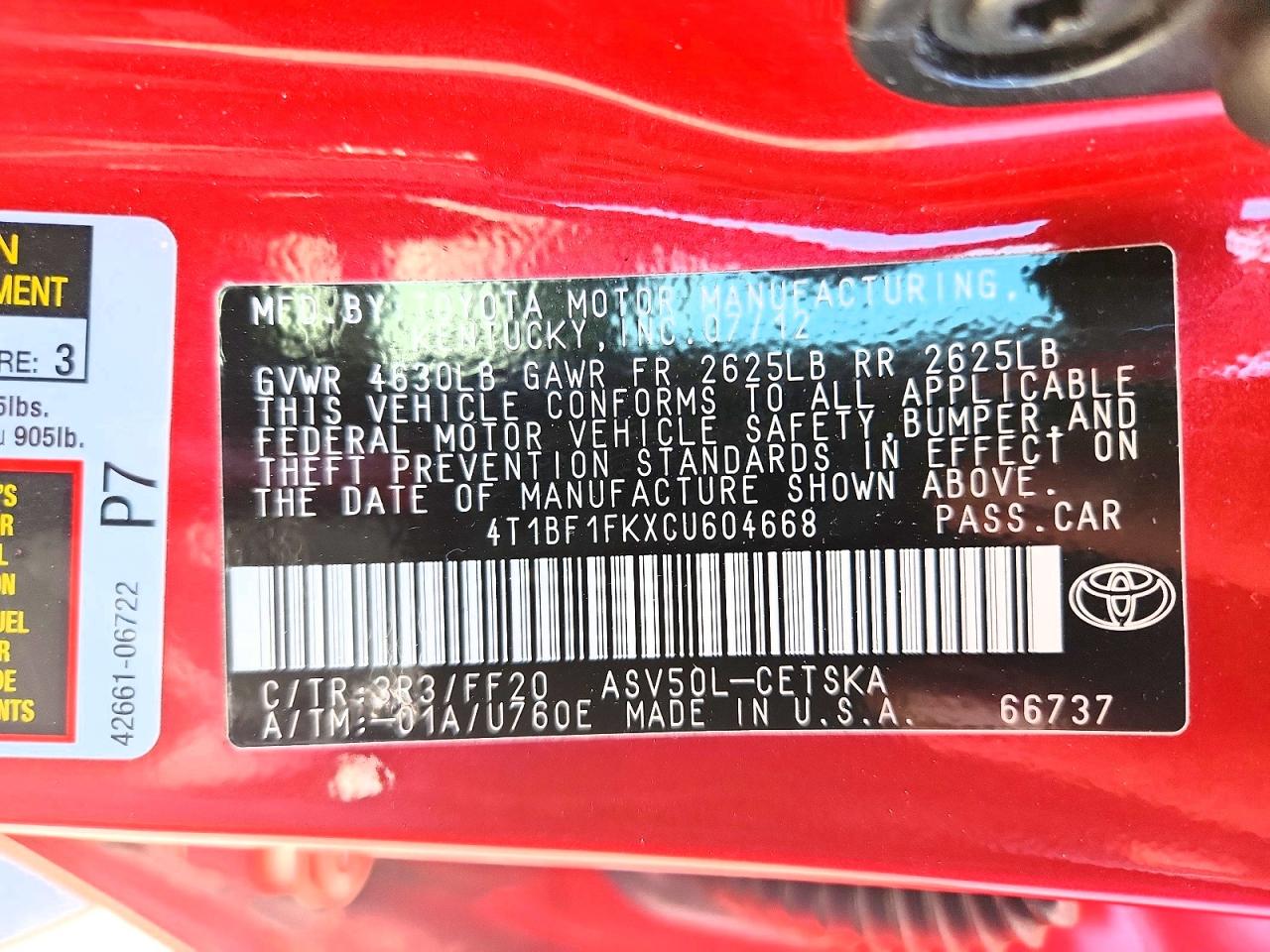 2012 Toyota Camry Se Red vin: 4T1BF1FKXCU604668