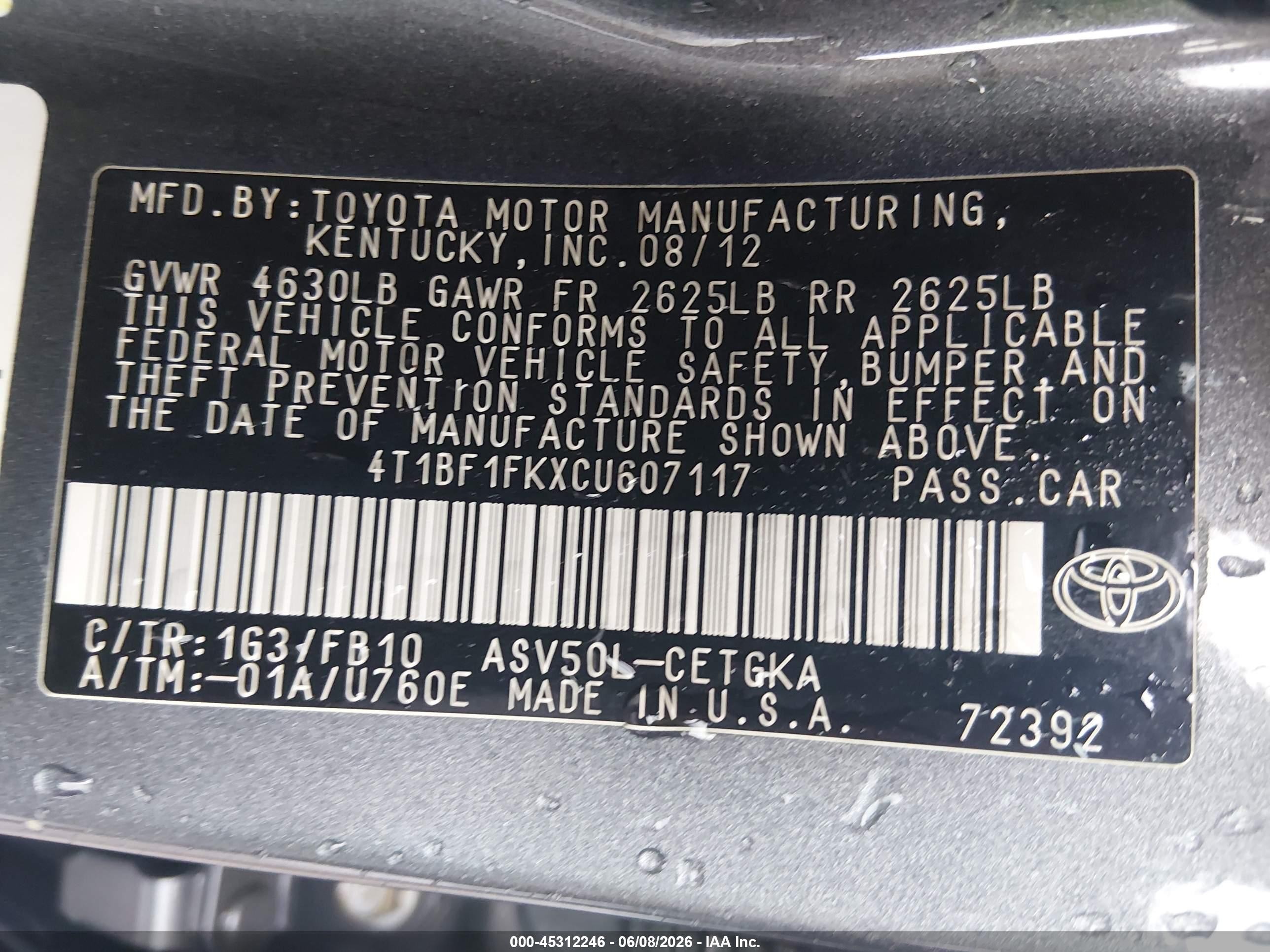 2012 Toyota Camry Xle Gray vin: 4T1BF1FKXCU607117