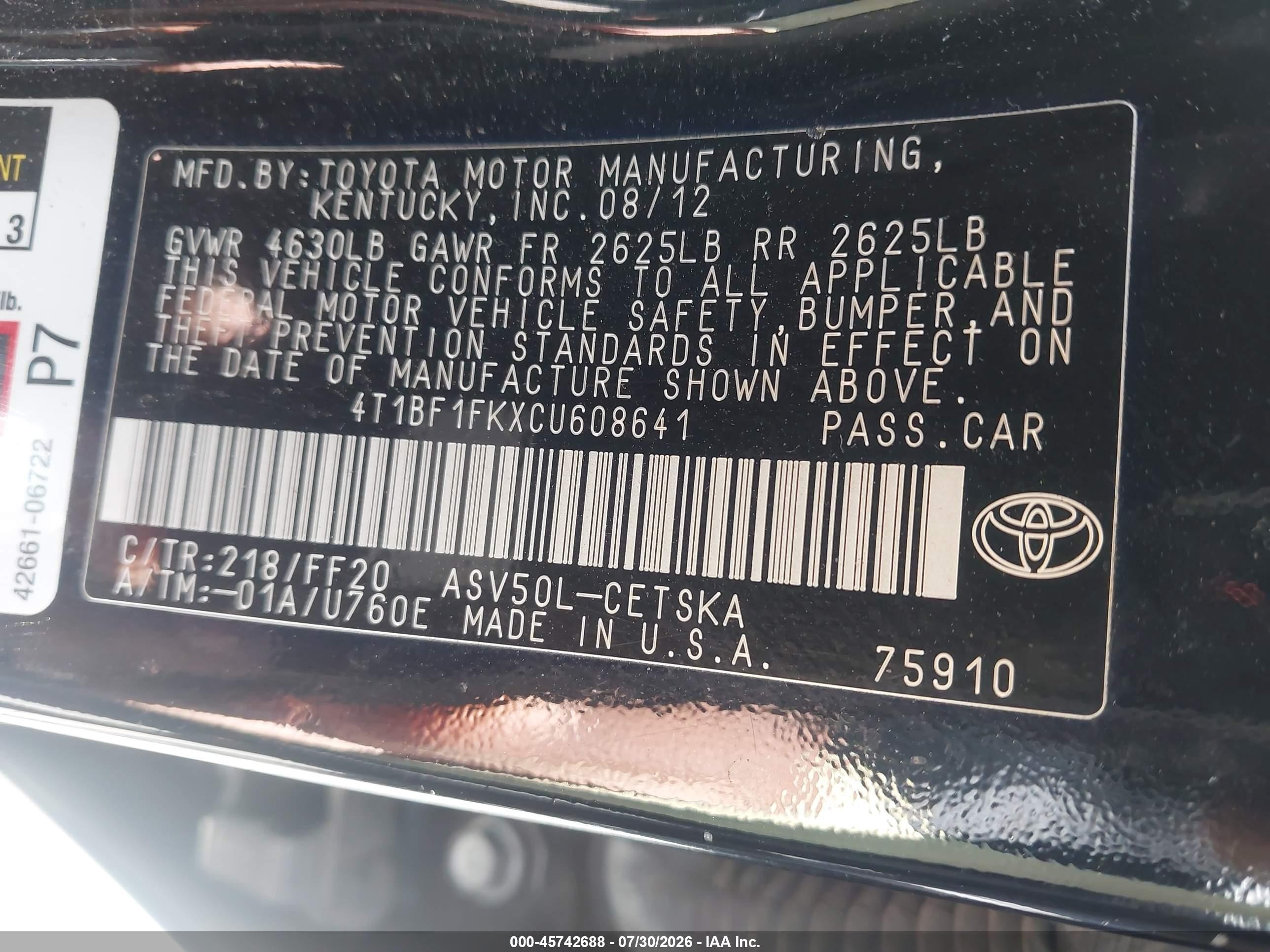 2012 Toyota Camry Se Black vin: 4T1BF1FKXCU608641