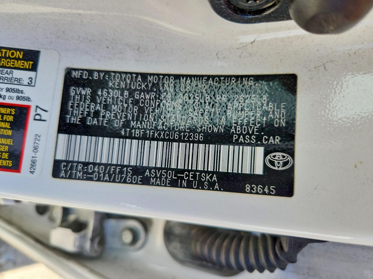 2012 Toyota Camry Se Белый vin: 4T1BF1FKXCU612396